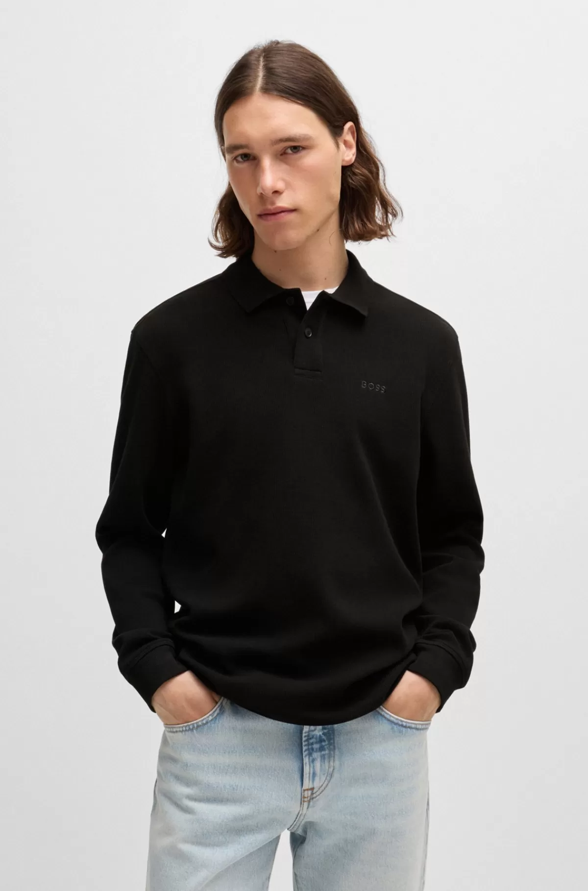 HUGO BOSS Poloshirt I Bomuldsblanding Med Stræk Og Vaffelstruktur Sort New