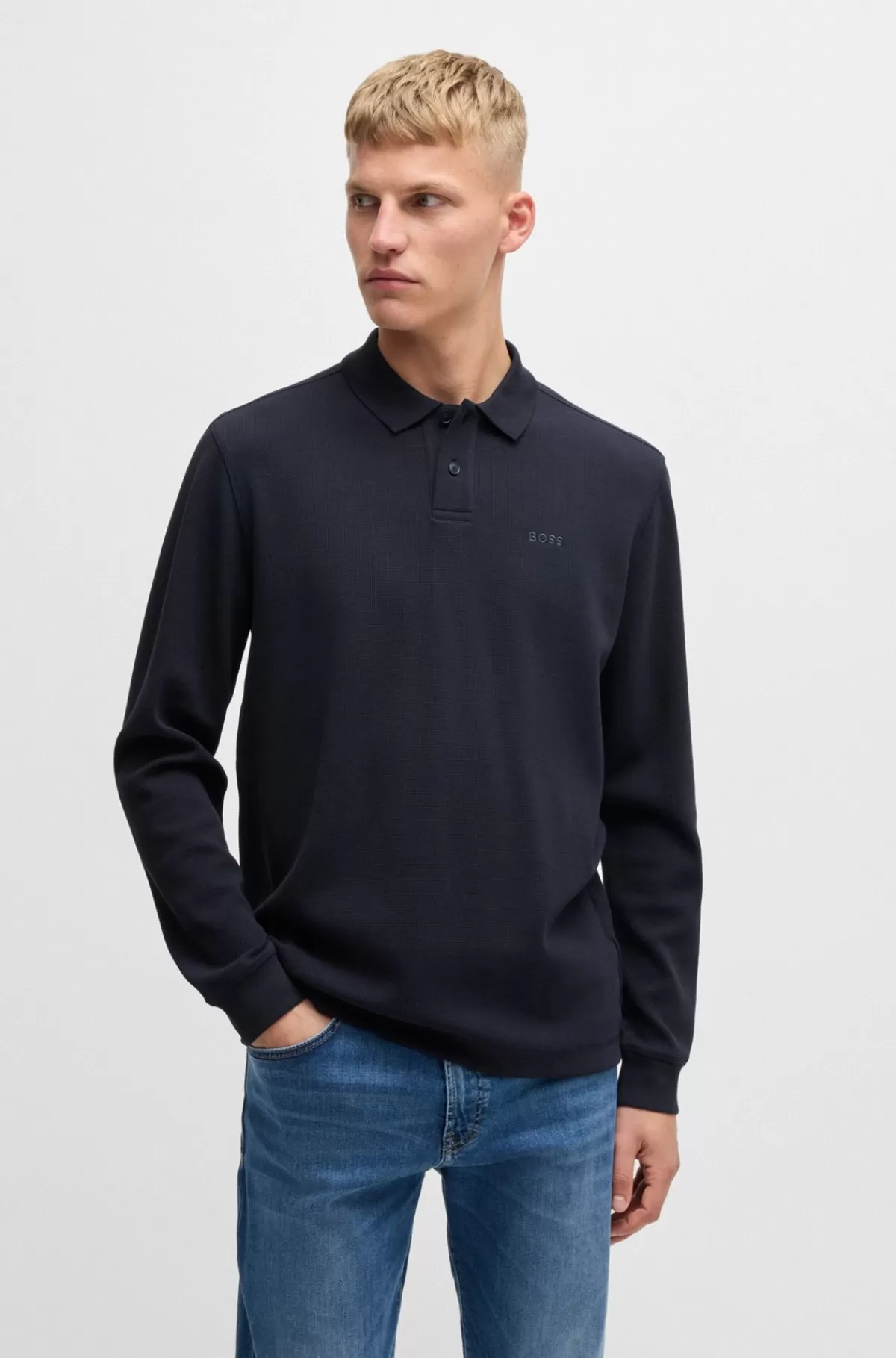 HUGO BOSS Poloshirt I Bomuldsblanding Med Stræk Og Vaffelstruktur Mørkeblå Online