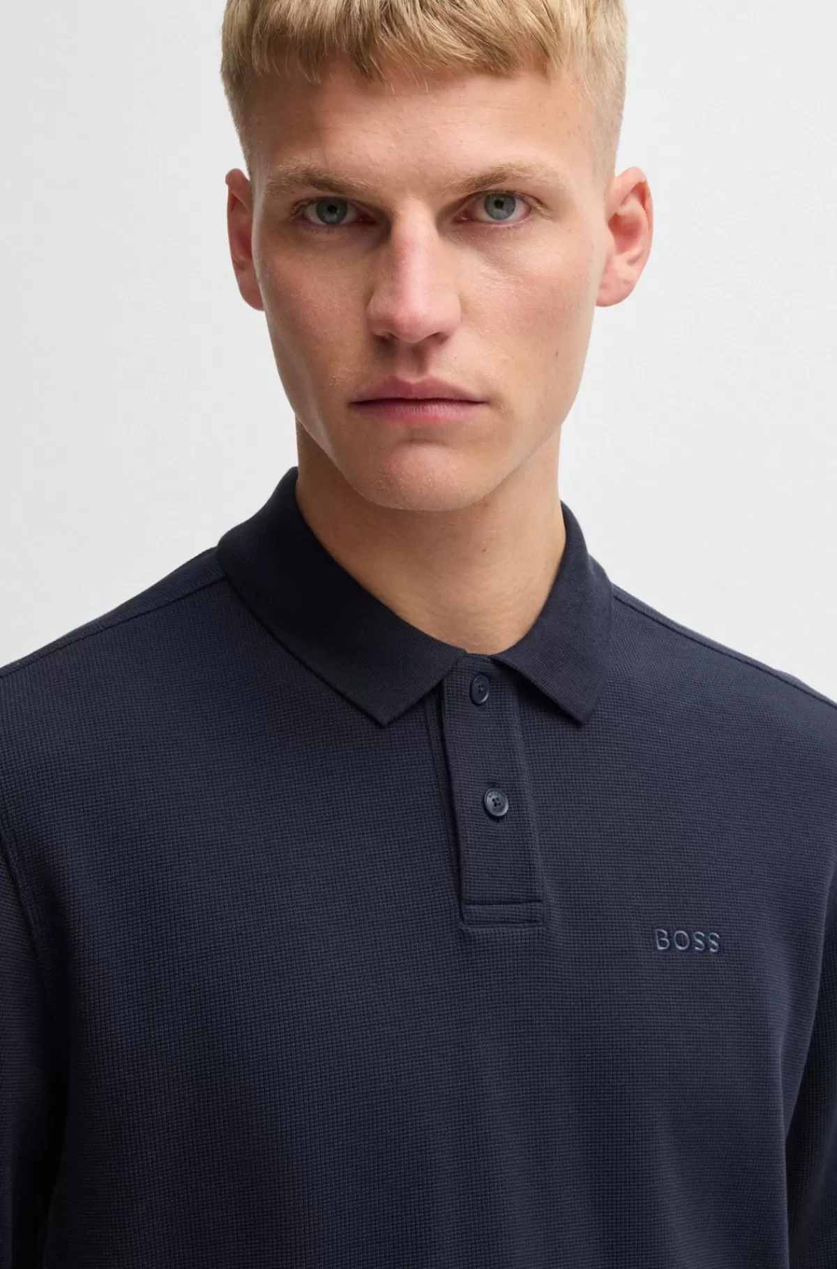 HUGO BOSS Poloshirt I Bomuldsblanding Med Stræk Og Vaffelstruktur Mørkeblå Online