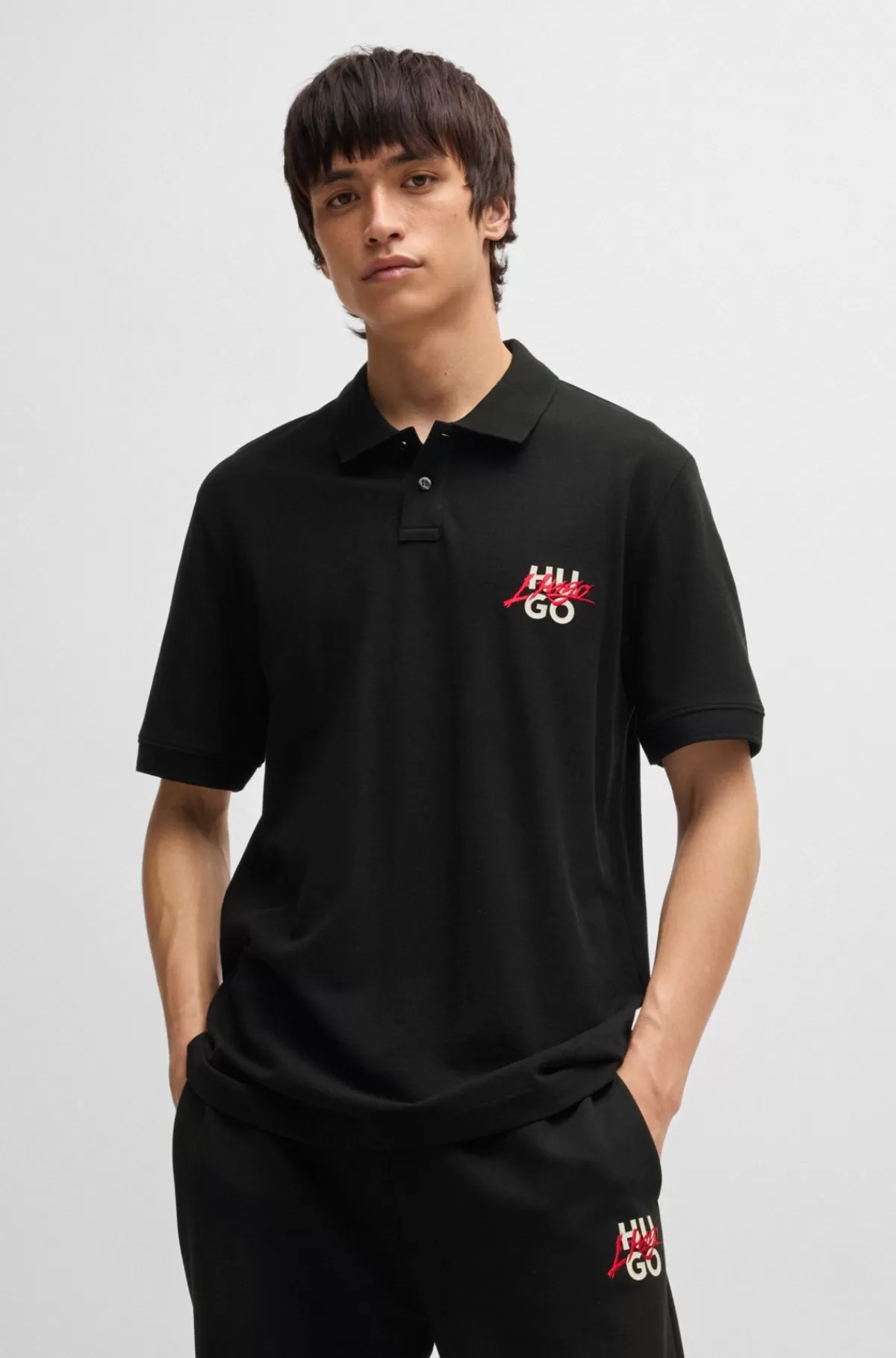 HUGO BOSS Poloshirt I Bomuldspiqué Med Dobbeltlogo Sort Online