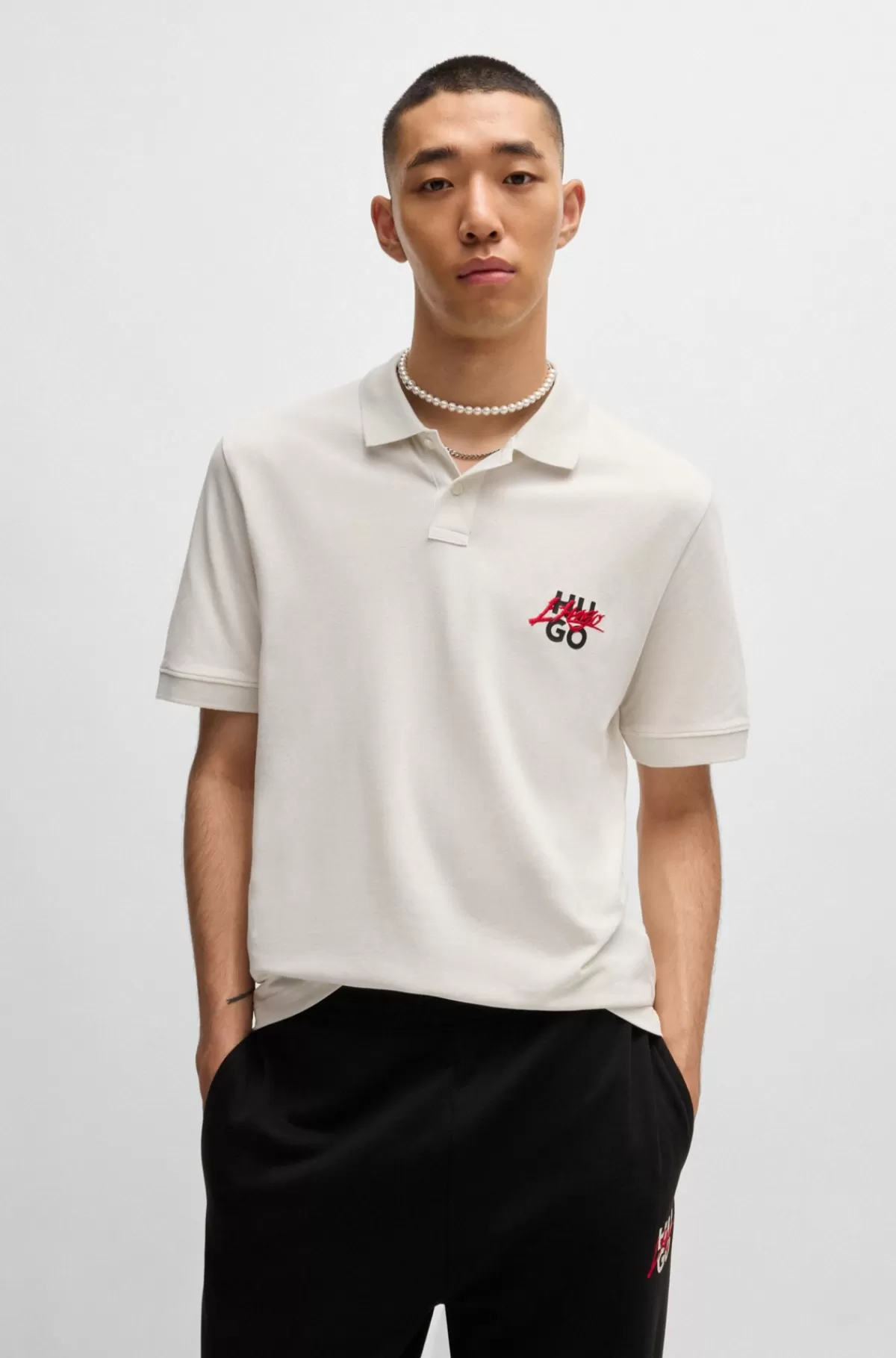 HUGO BOSS Poloshirt I Bomuldspiqué Med Dobbeltlogo Hvid Best Sale
