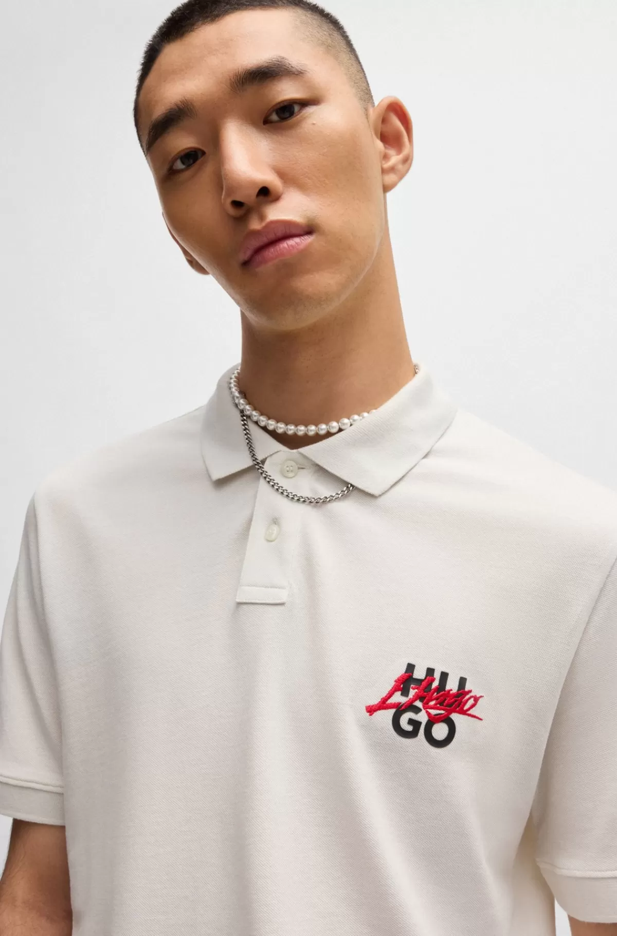 HUGO BOSS Poloshirt I Bomuldspiqué Med Dobbeltlogo Hvid Best Sale