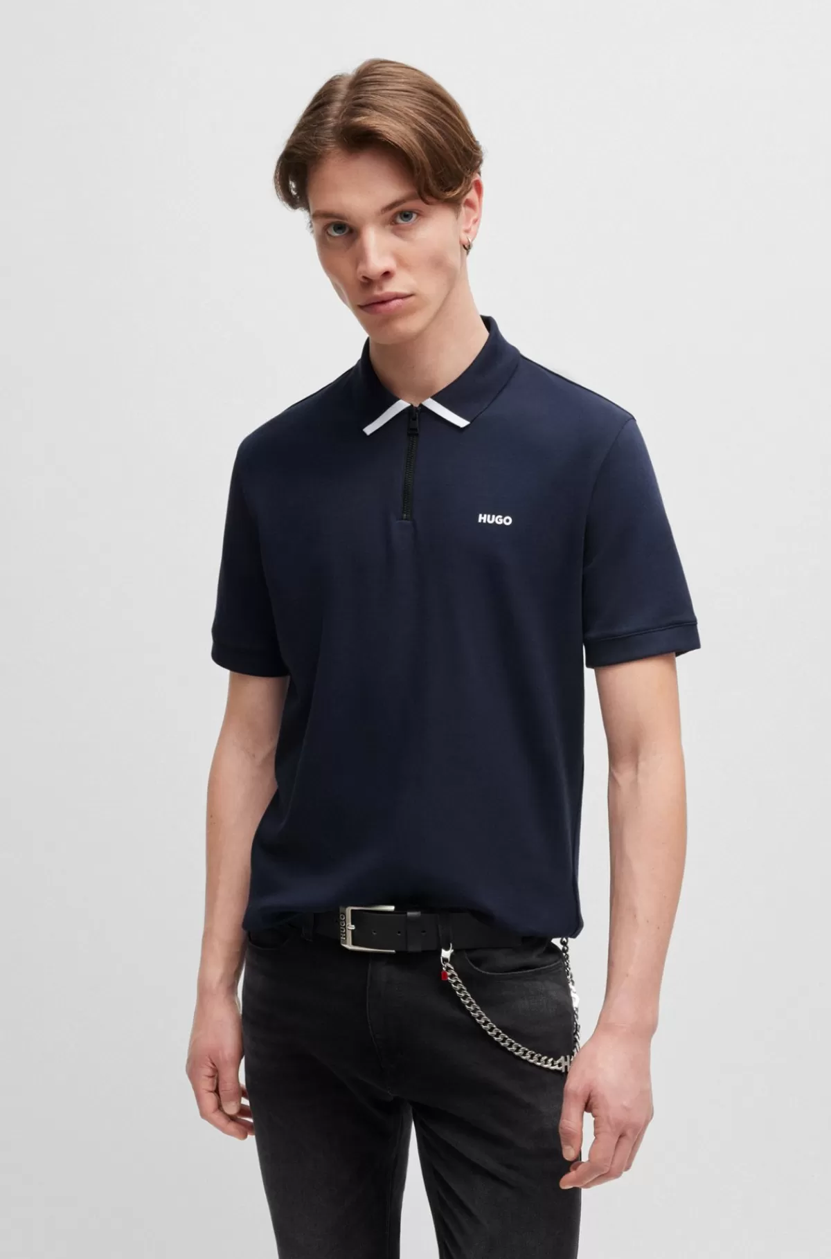 HUGO BOSS Poloshirt I Bomuldspiqué Med Kontrastlogo Mørkeblå Cheap