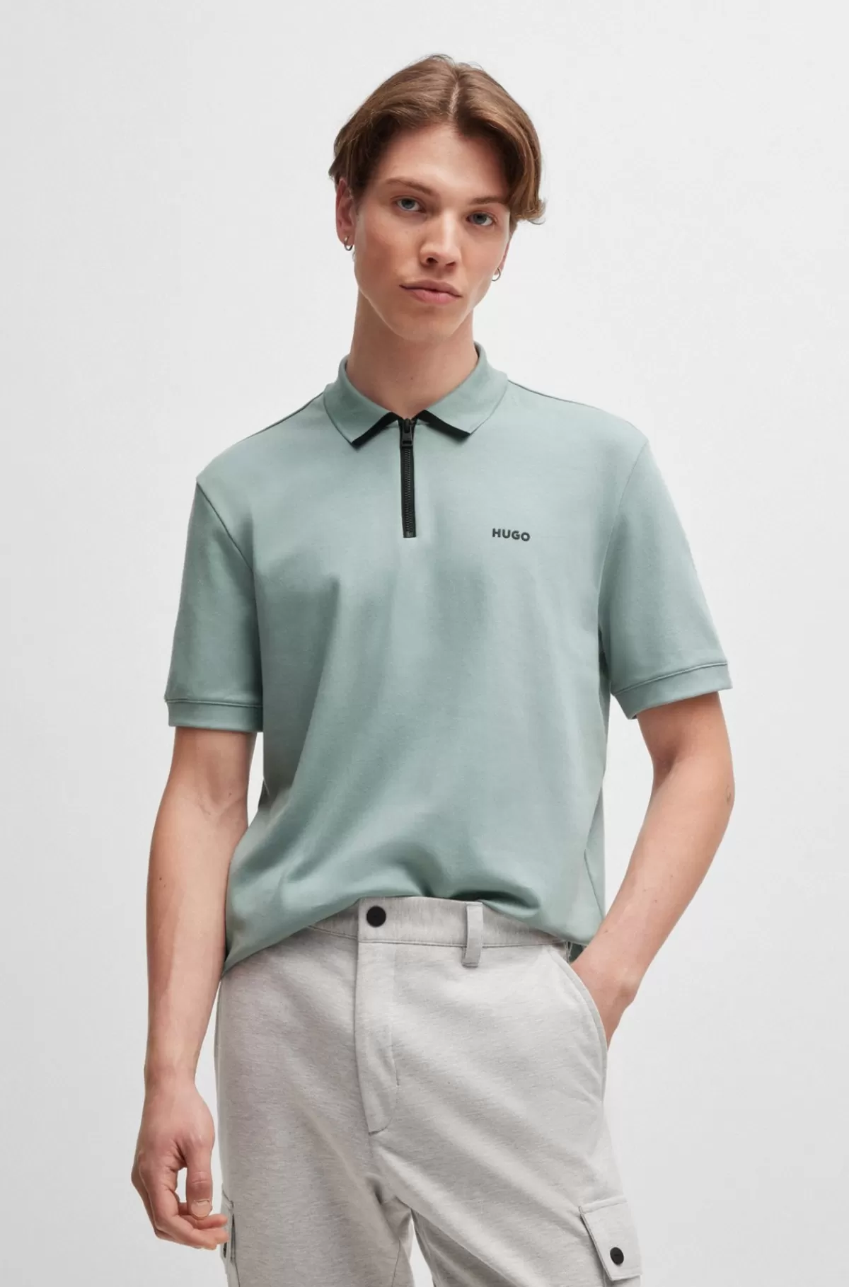 HUGO BOSS Poloshirt I Bomuldspiqué Med Kontrastlogo Lyseblå Flash Sale