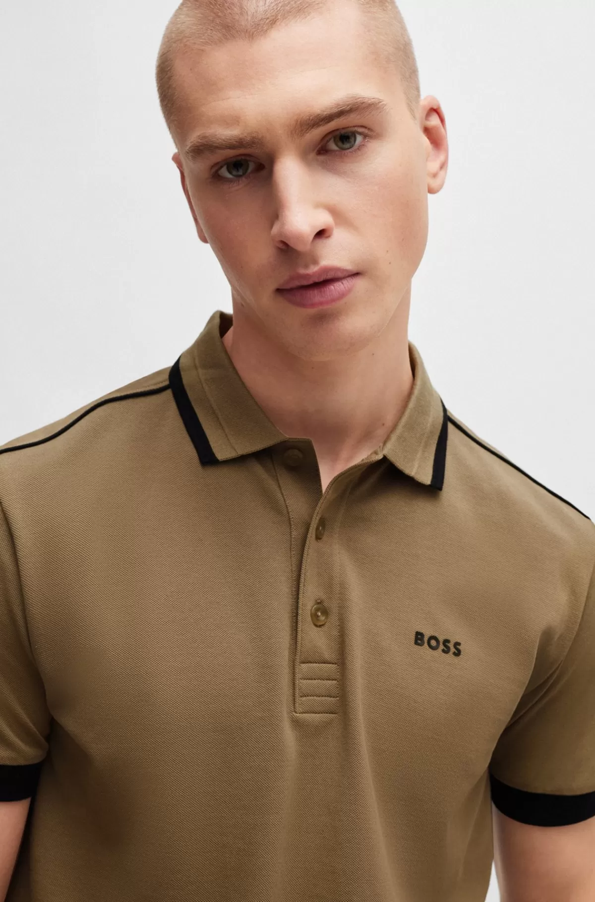 HUGO BOSS Poloshirt I Bomuldspiqué Med Kontraststriber Og Logo Lysebrun New