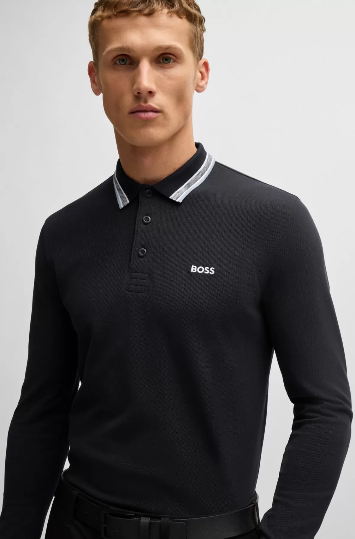 HUGO BOSS Poloshirt I Bomuldspiqué Med Logo I Kontrastfarve Mørkeblå Sale