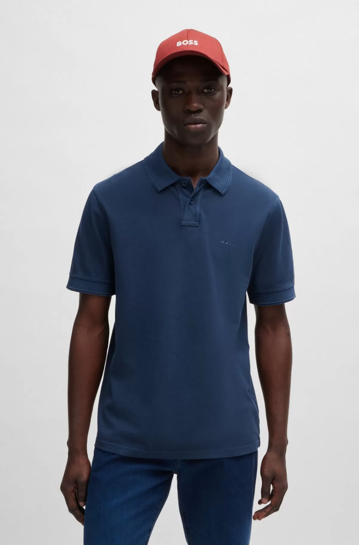 HUGO BOSS Poloshirt I Bomuldspiqué Med Logoprint Mørkeblå Best Sale