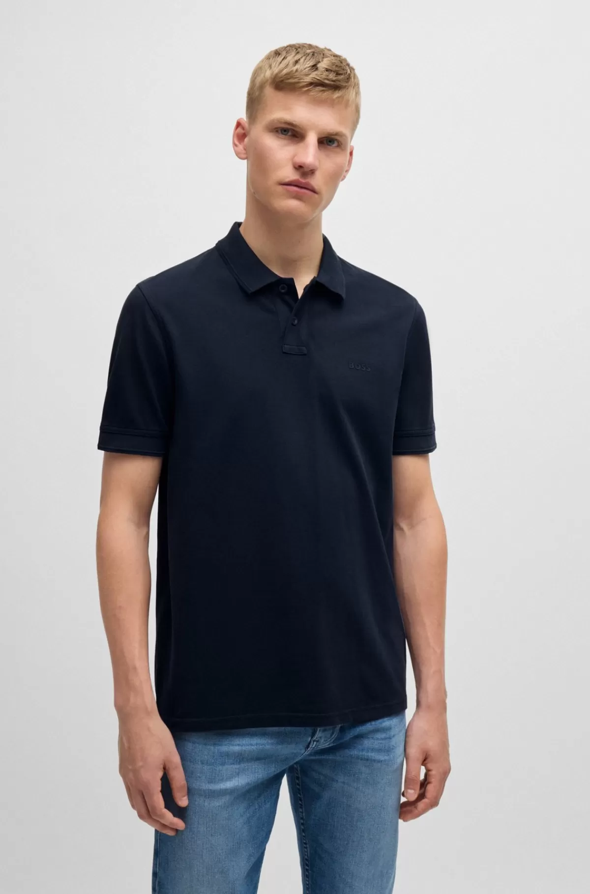 HUGO BOSS Poloshirt I Bomuldspiqué Med Logoprint Mørkeblå Cheap