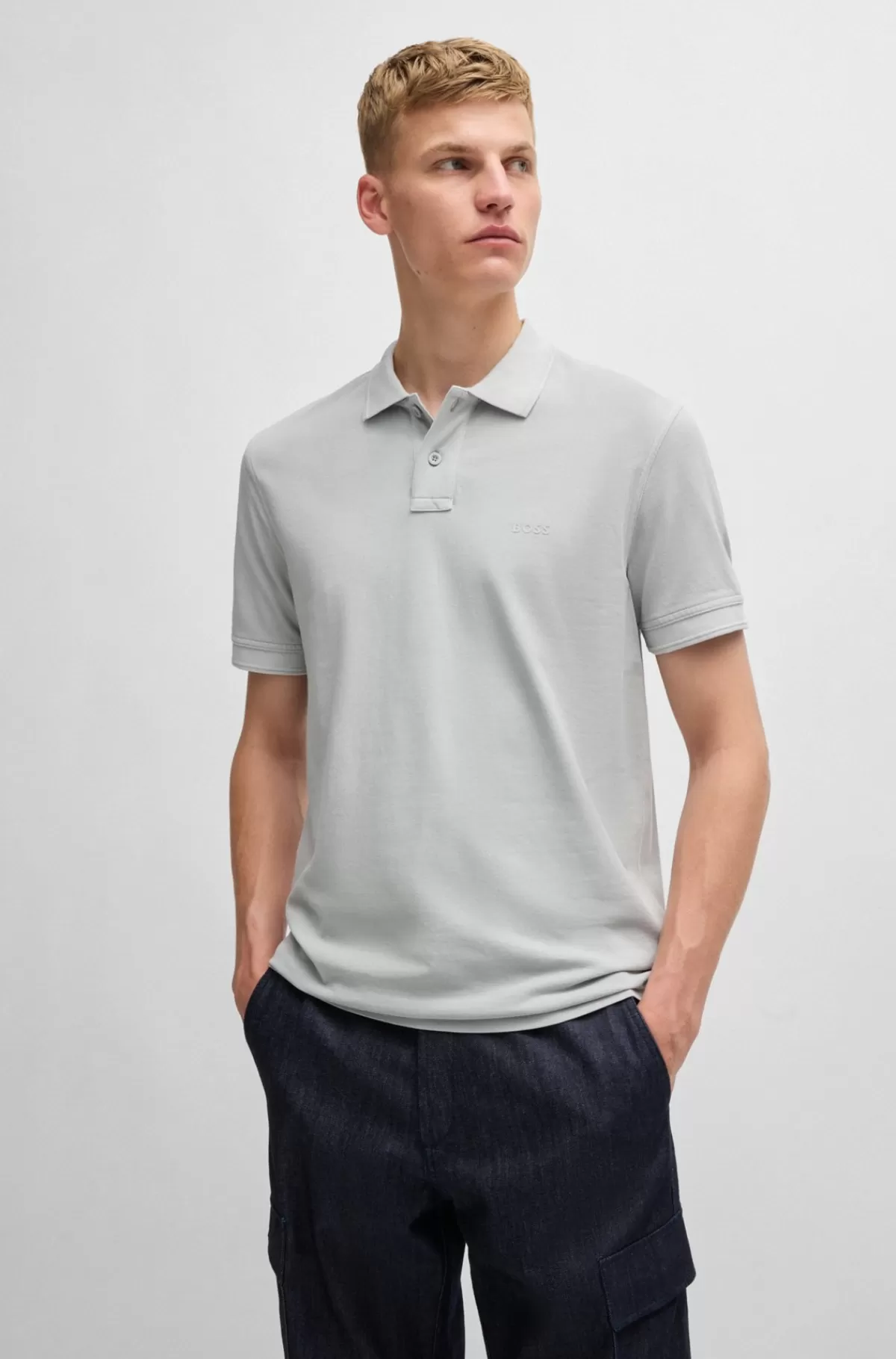 HUGO BOSS Poloshirt I Bomuldspiqué Med Logoprint Lysegrå Clearance