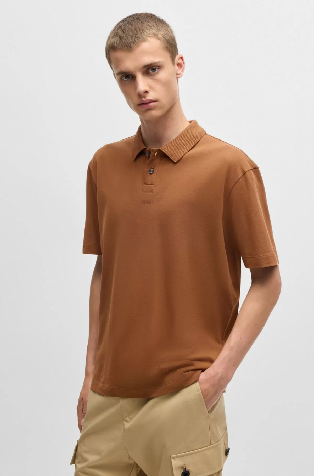 HUGO BOSS Poloshirt I Bomuldspiqué Med Logoprint Brun Best Sale