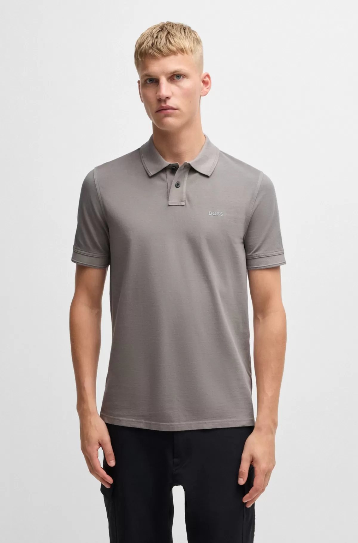 HUGO BOSS Poloshirt I Bomuldspiqué Med Logoprint Lysegrå Outlet