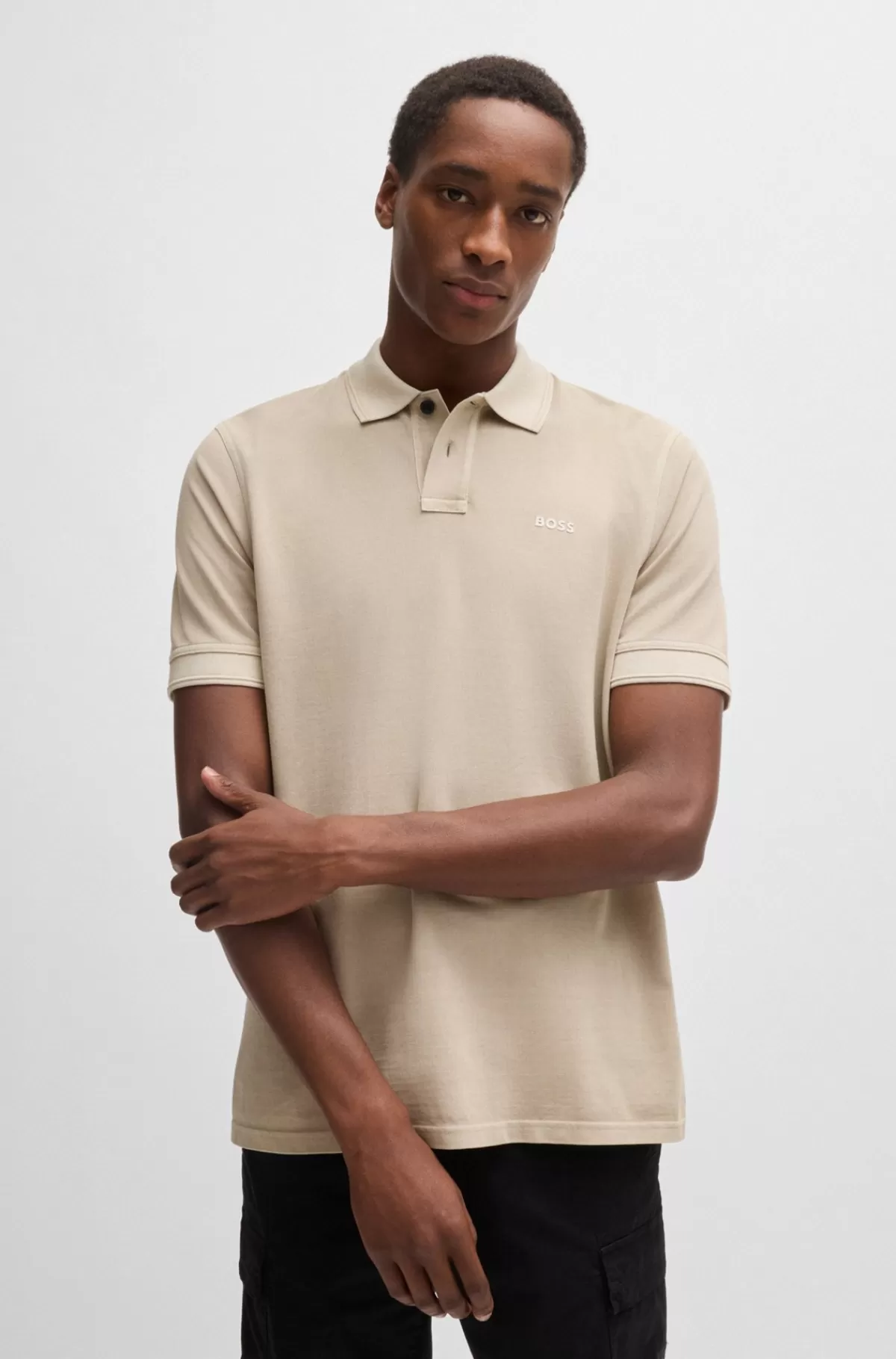 HUGO BOSS Poloshirt I Bomuldspiqué Med Logoprint Lys beige Flash Sale