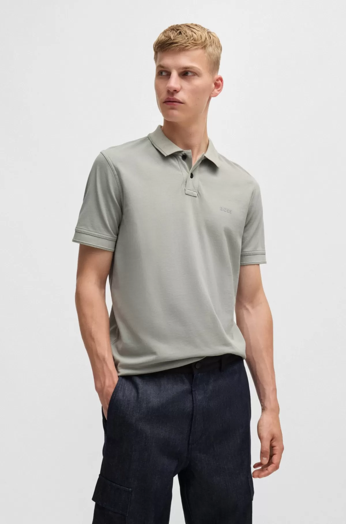 HUGO BOSS Poloshirt I Bomuldspiqué Med Logoprint Lysegrå Clearance