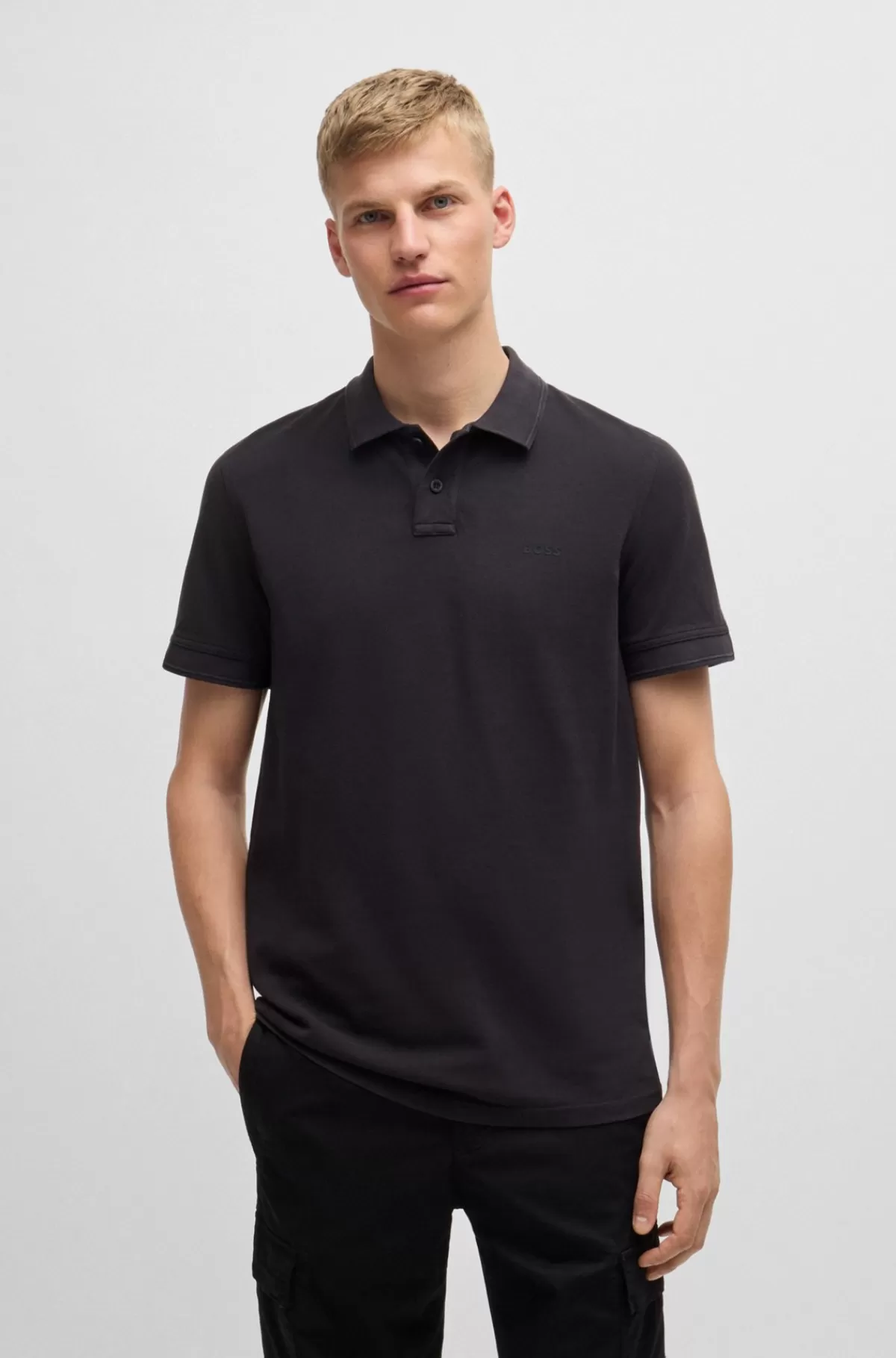 HUGO BOSS Poloshirt I Bomuldspiqué Med Logoprint Sort Cheap