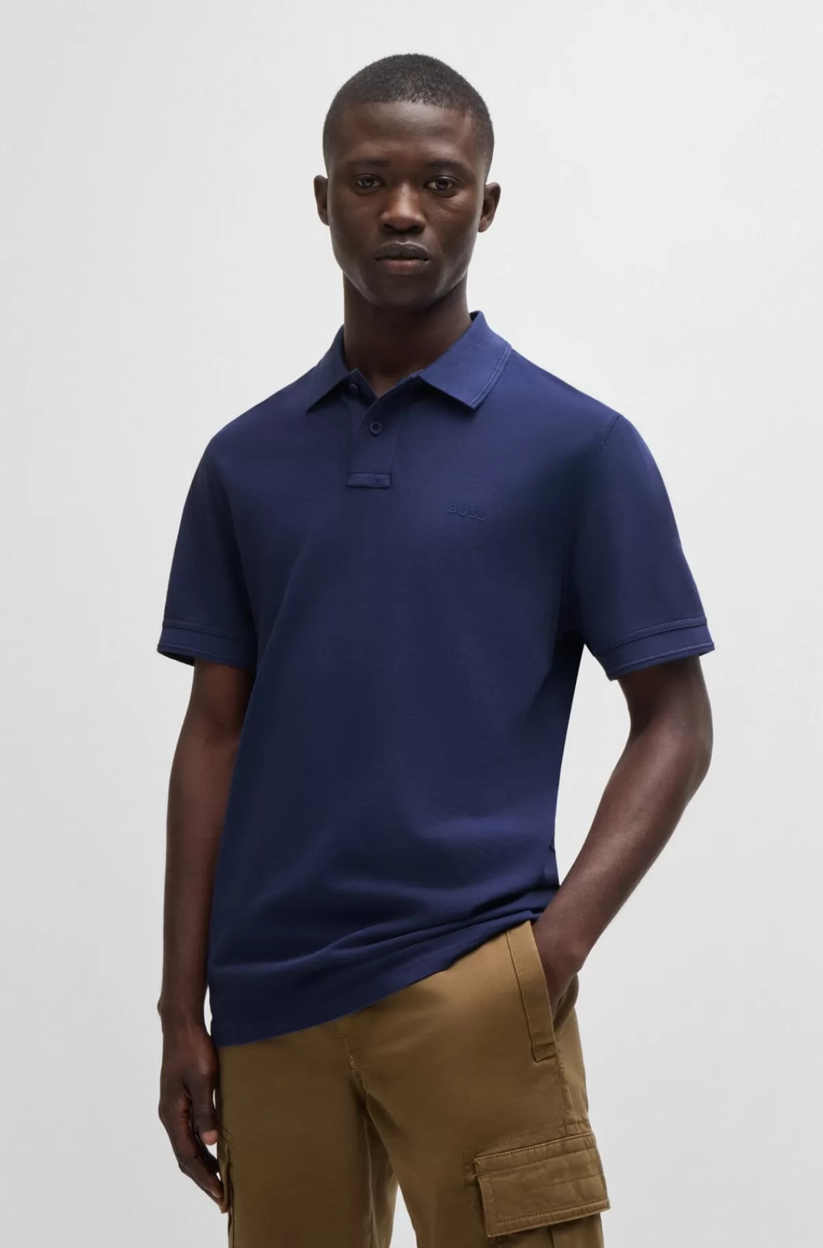 HUGO BOSS Poloshirt I Bomuldspiqué Med Logoprint Mørkeblå Flash Sale