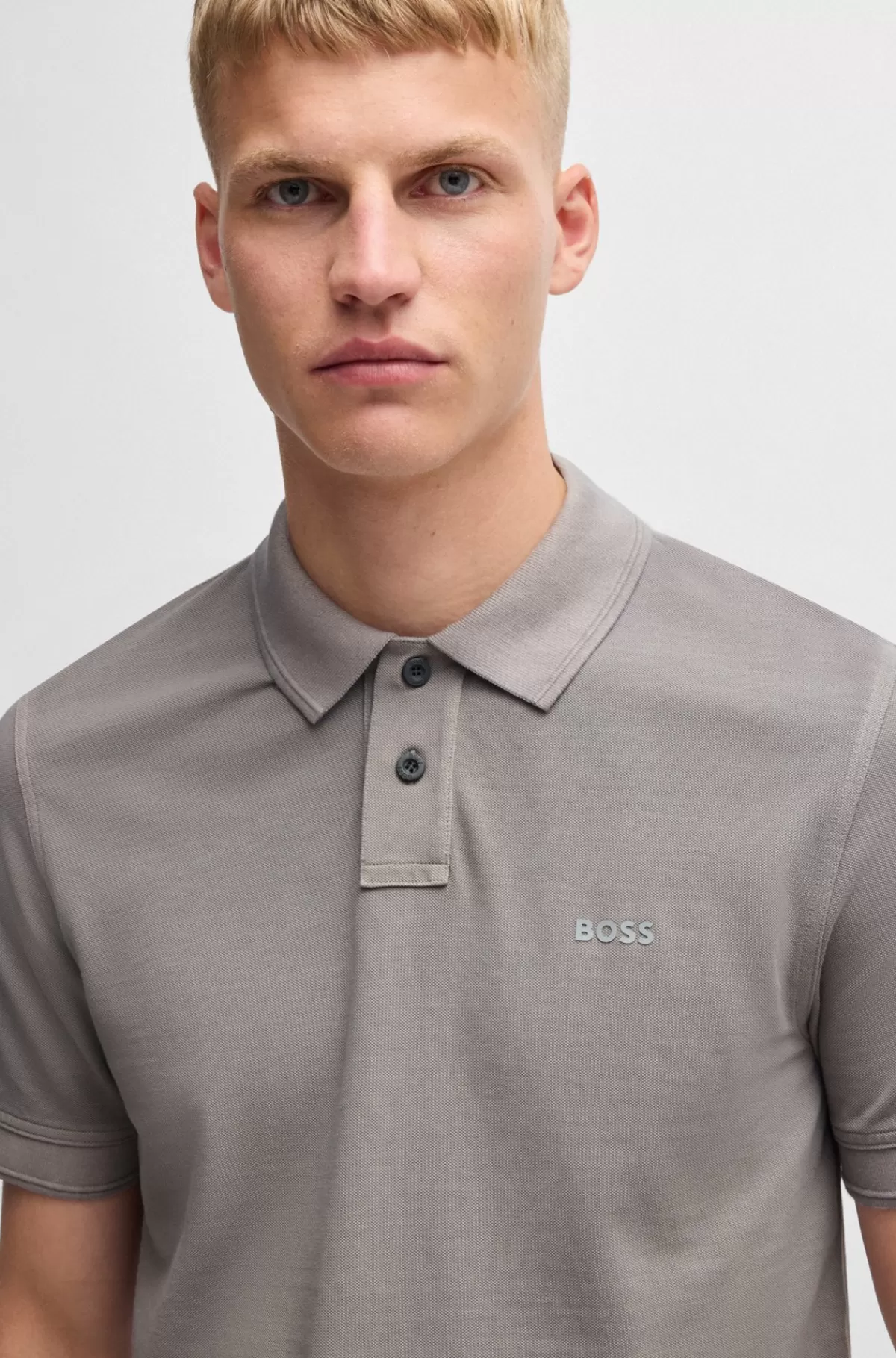 HUGO BOSS Poloshirt I Bomuldspiqué Med Logoprint Lysegrå Outlet