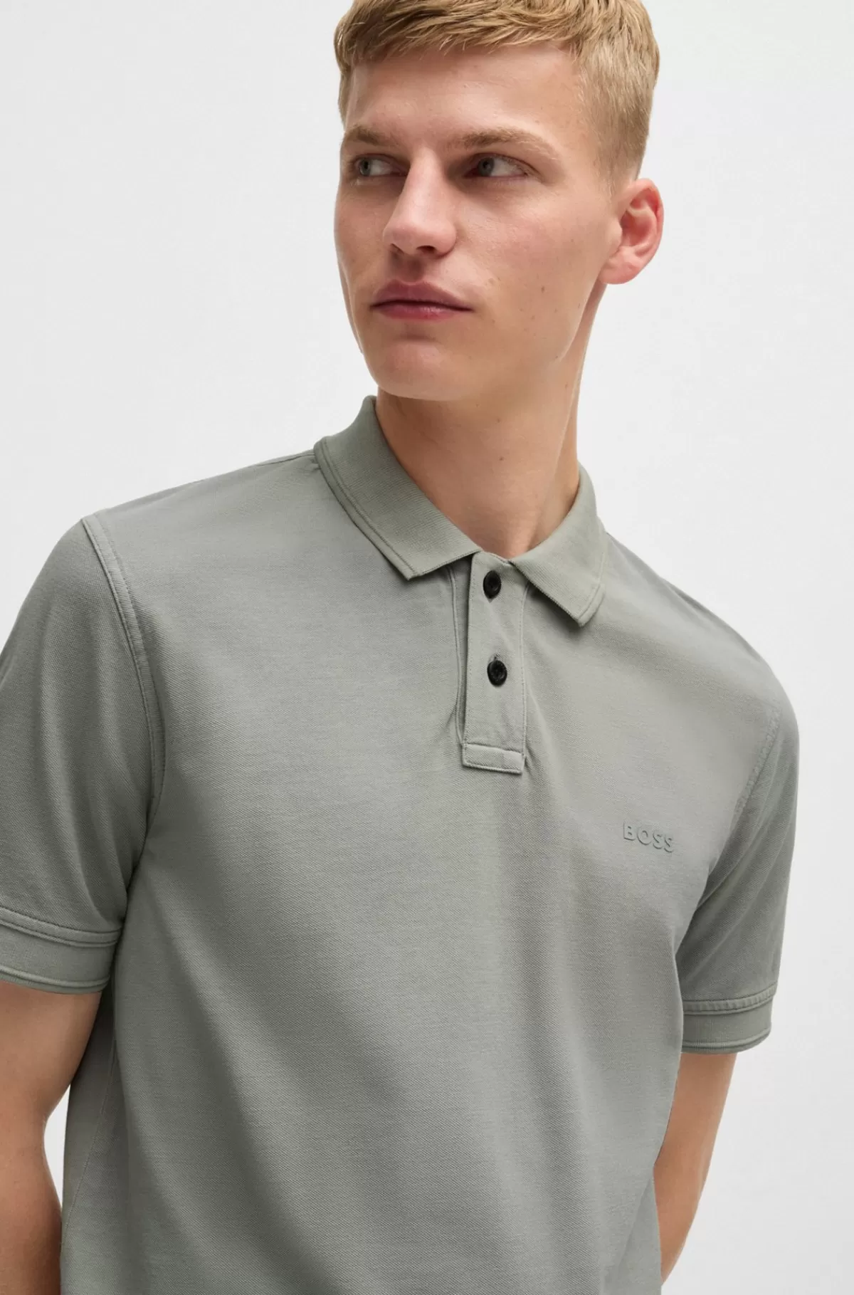 HUGO BOSS Poloshirt I Bomuldspiqué Med Logoprint Lysegrå Clearance