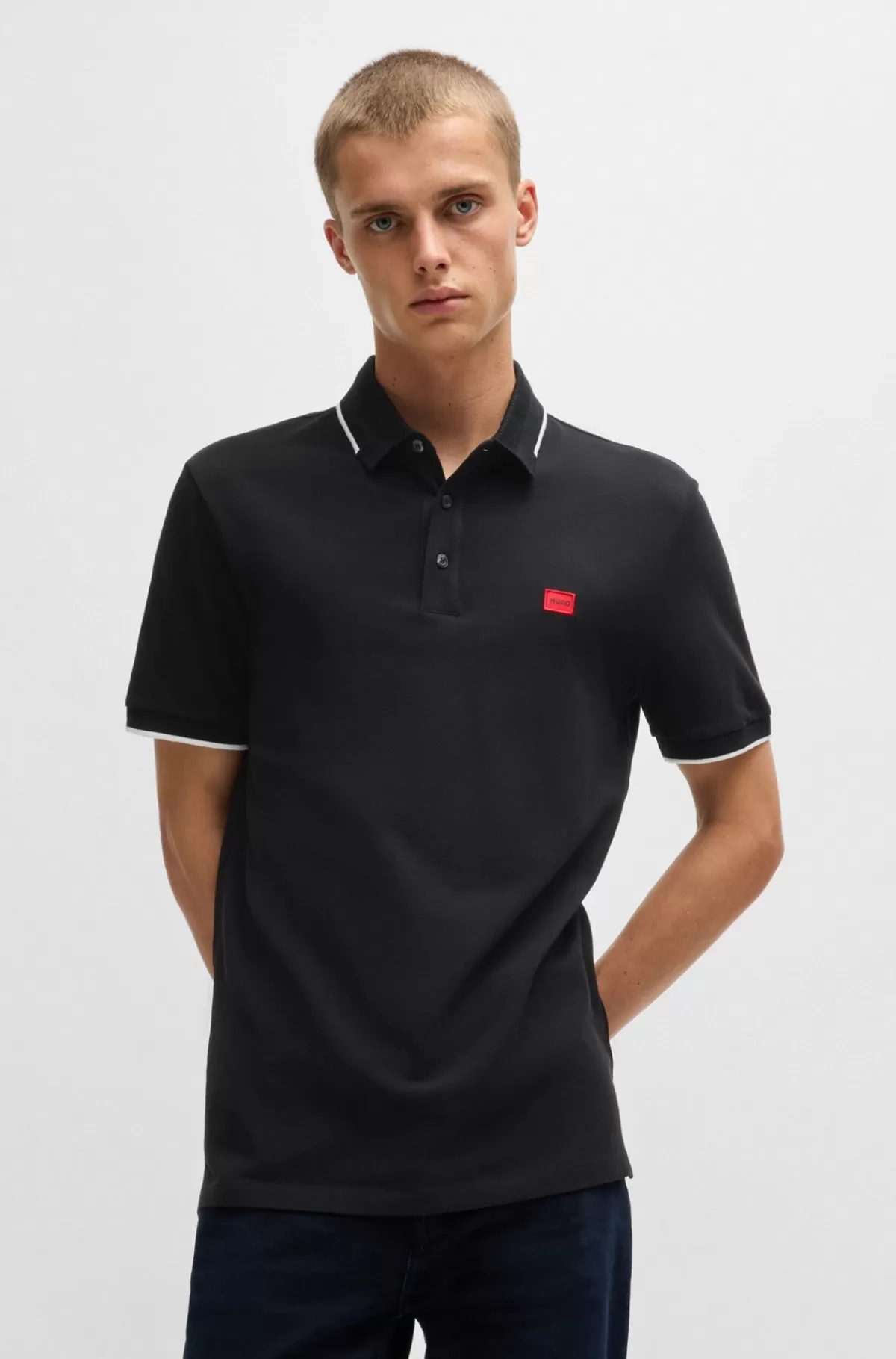 HUGO BOSS Poloshirt I Bomuldspiqué Med Slim Fit Og Rødt Logomærkat Sort Outlet