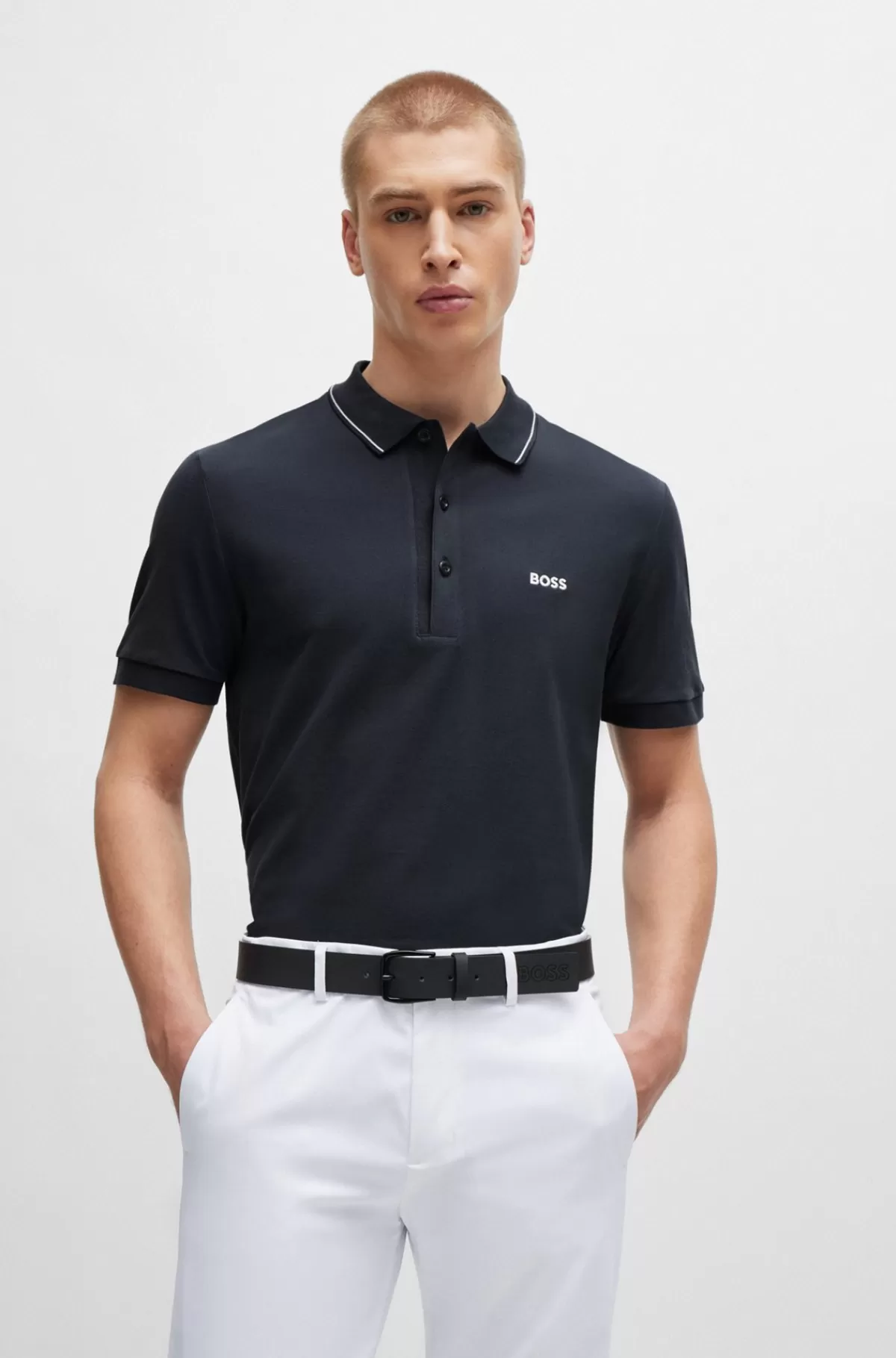 HUGO BOSS Poloshirt I Bomuldspiqué Med Slim Fit Og Tone-i-tone-logo Mørkeblå Online