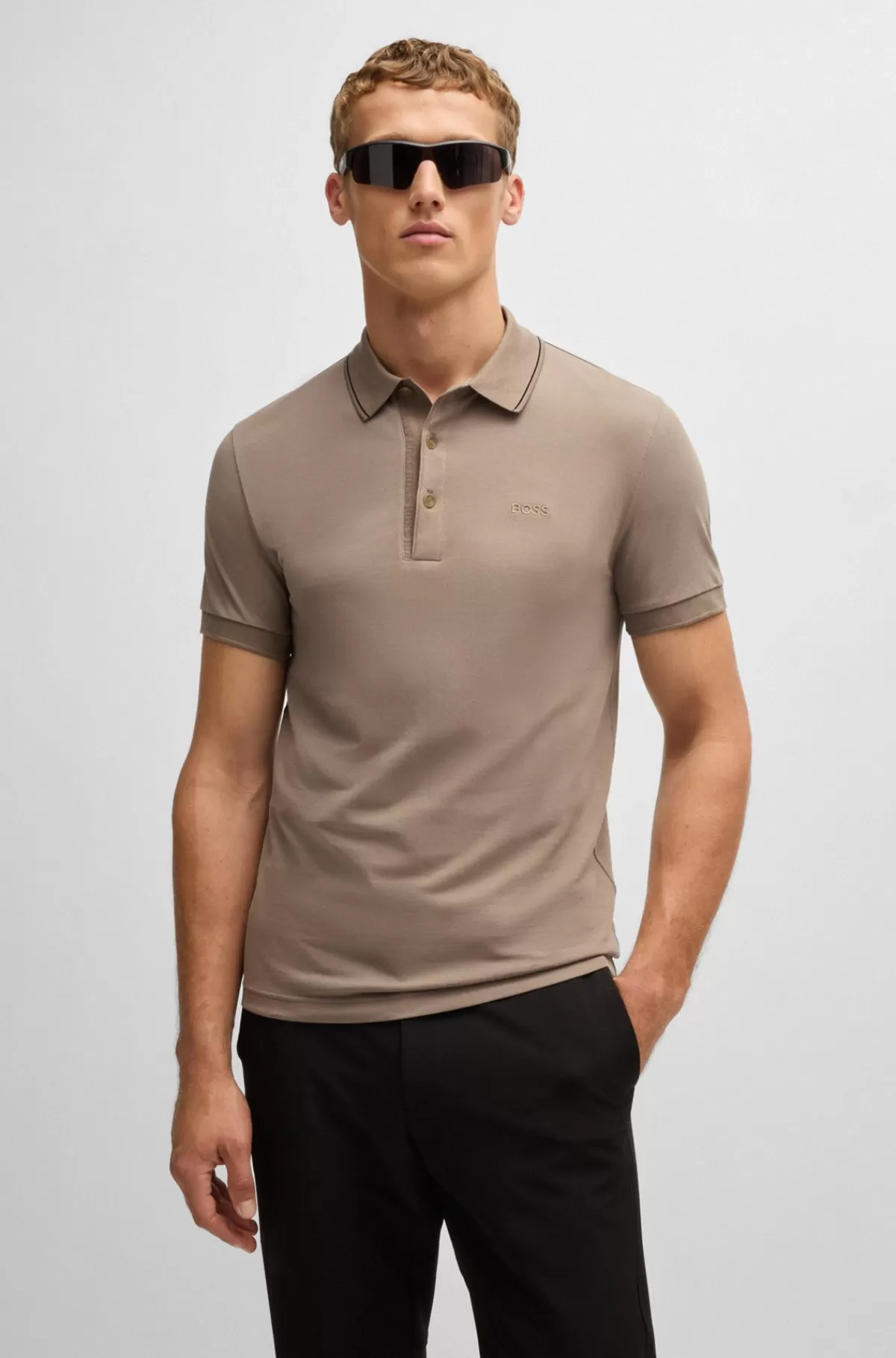 HUGO BOSS Poloshirt I Bomuldspiqué Med Slim Fit Og Tone-i-tone-logo Beige Best