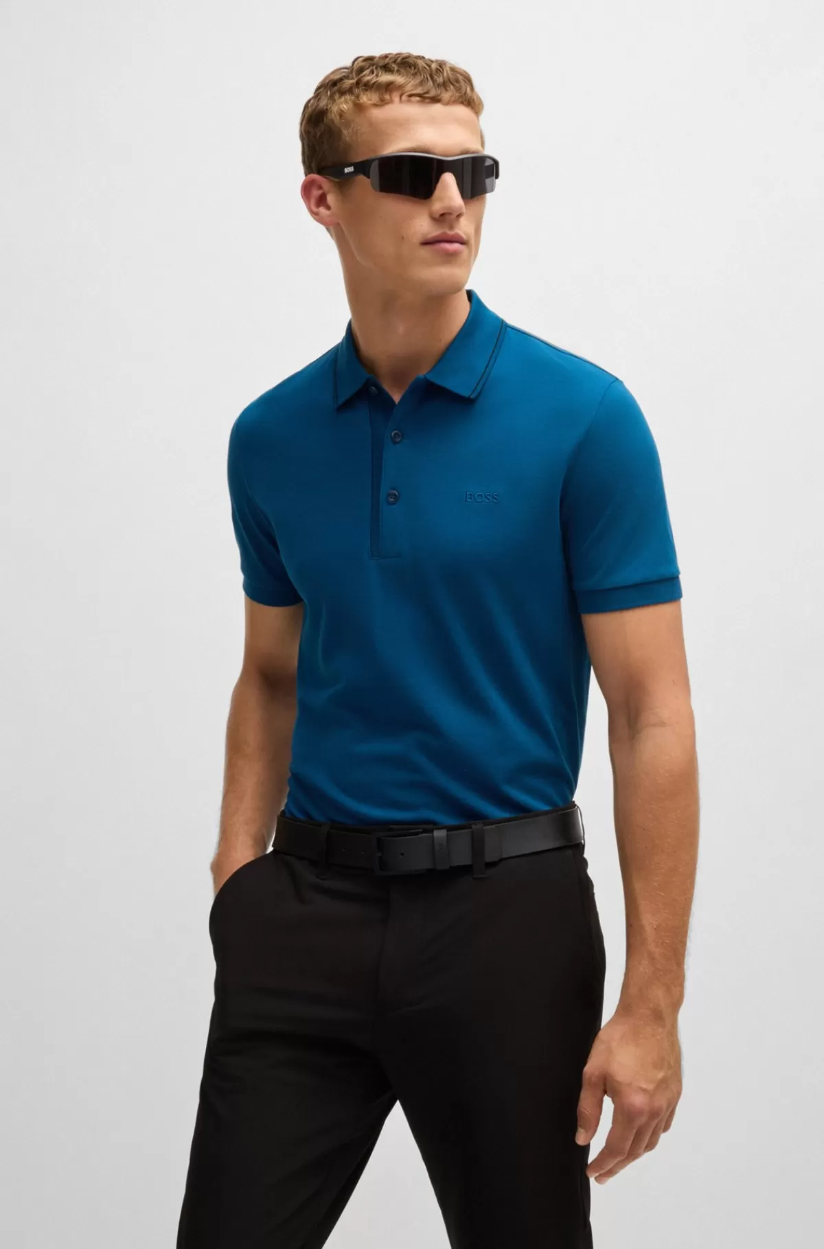 HUGO BOSS Poloshirt I Bomuldspiqué Med Slim Fit Og Tone-i-tone-logo Mørkeblå Shop