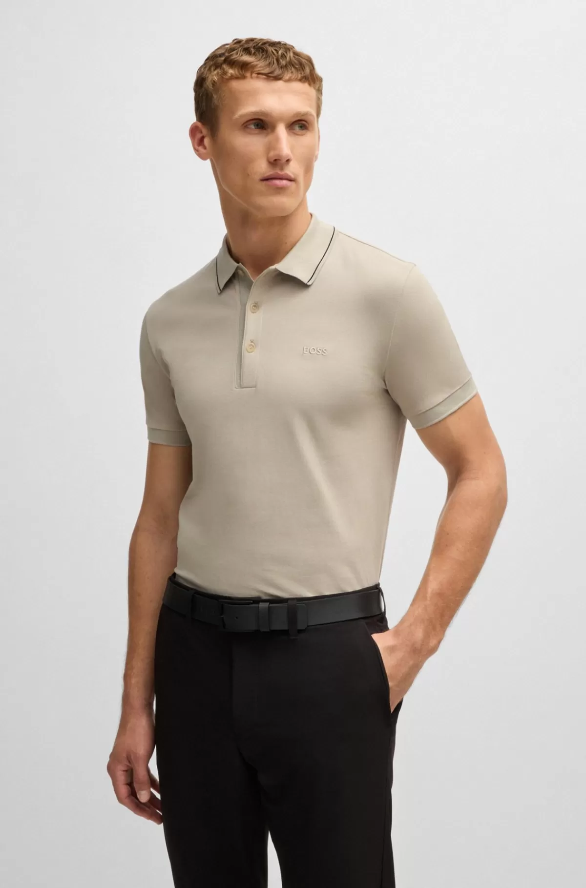 HUGO BOSS Poloshirt I Bomuldspiqué Med Slim Fit Og Tone-i-tone-logo Lys beige Fashion