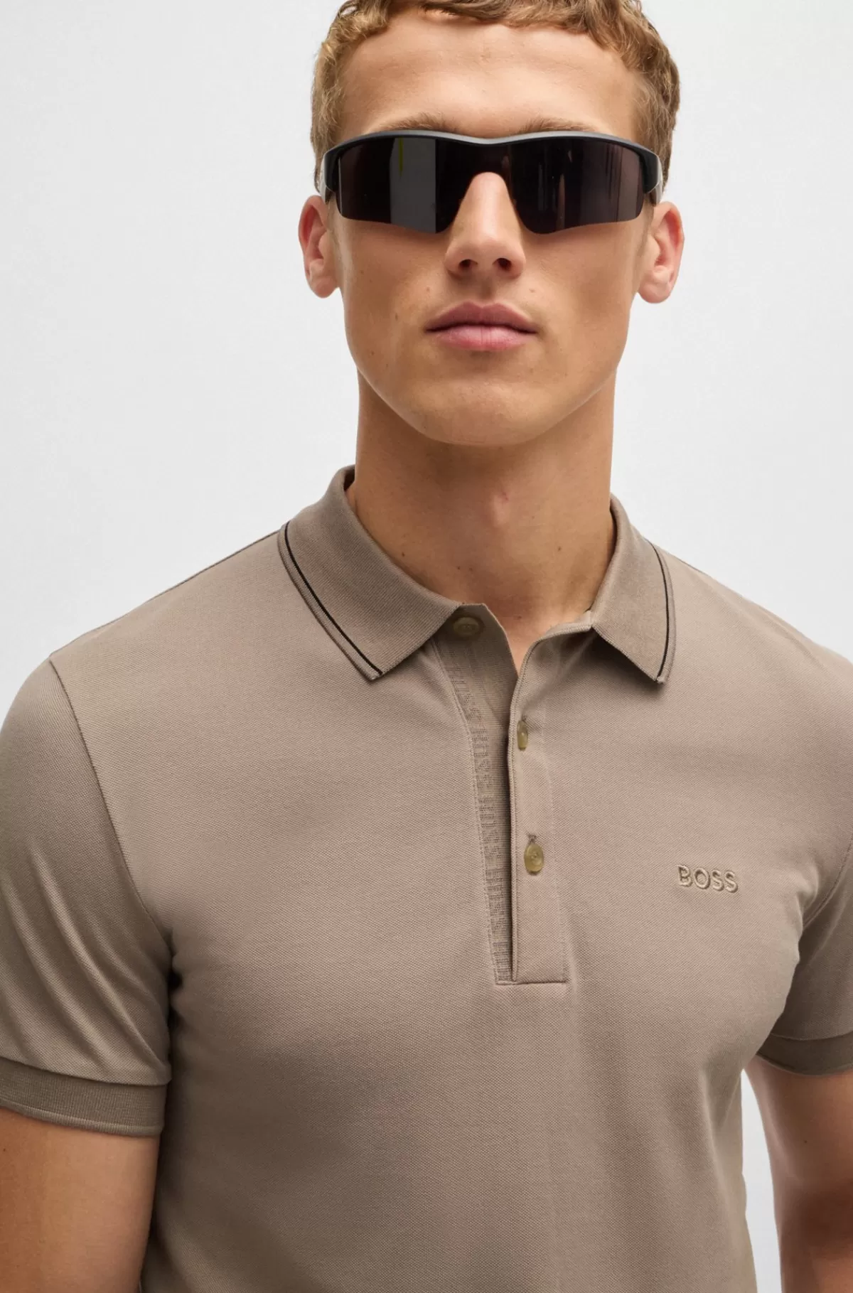 HUGO BOSS Poloshirt I Bomuldspiqué Med Slim Fit Og Tone-i-tone-logo Beige Best