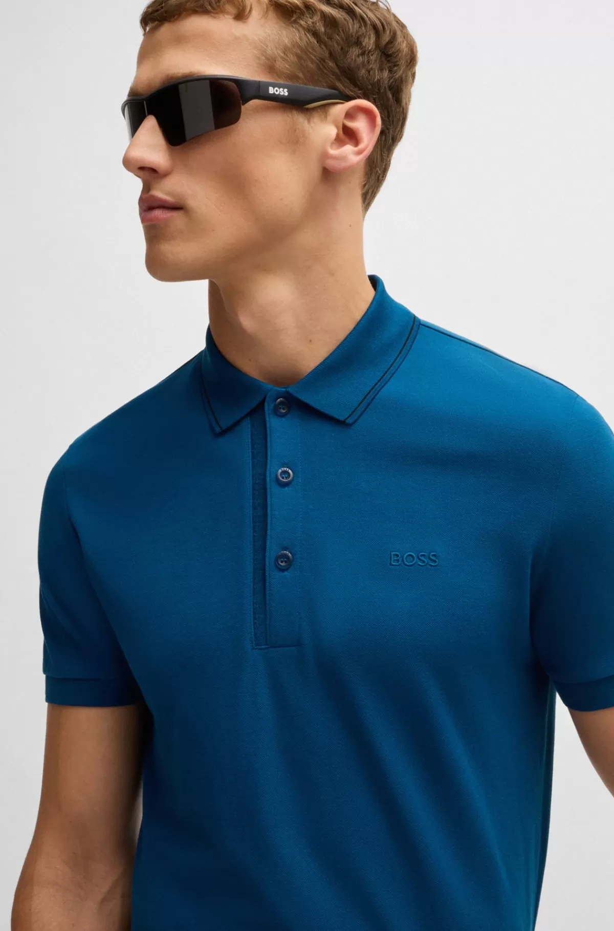 HUGO BOSS Poloshirt I Bomuldspiqué Med Slim Fit Og Tone-i-tone-logo Mørkeblå Shop