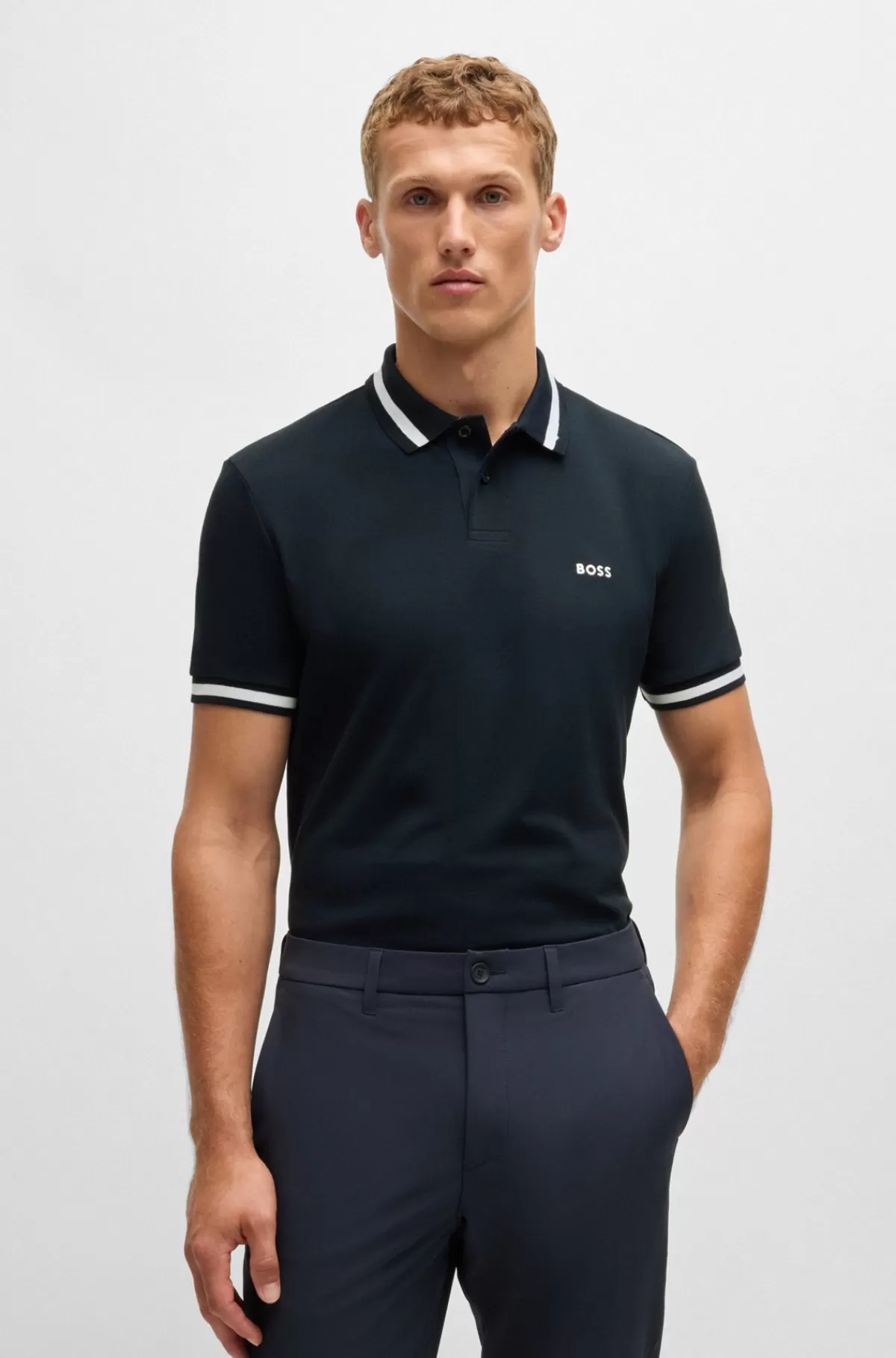 HUGO BOSS Poloshirt I Bomuldspique Med Kontrastdetaljer Mørkeblå Sale