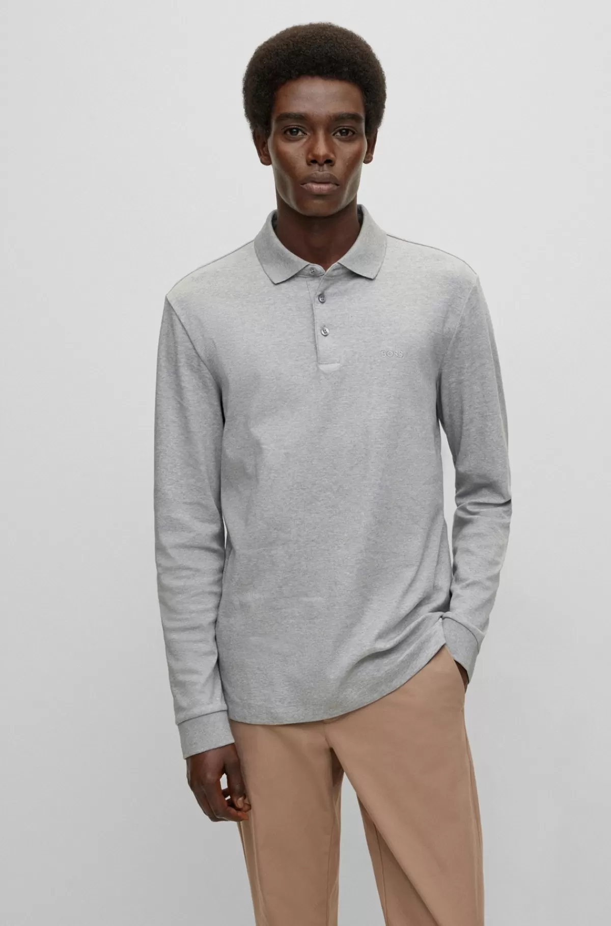 HUGO BOSS Poloshirt I Interlock-bomuld Med Broderet Logo Lysegrå Discount