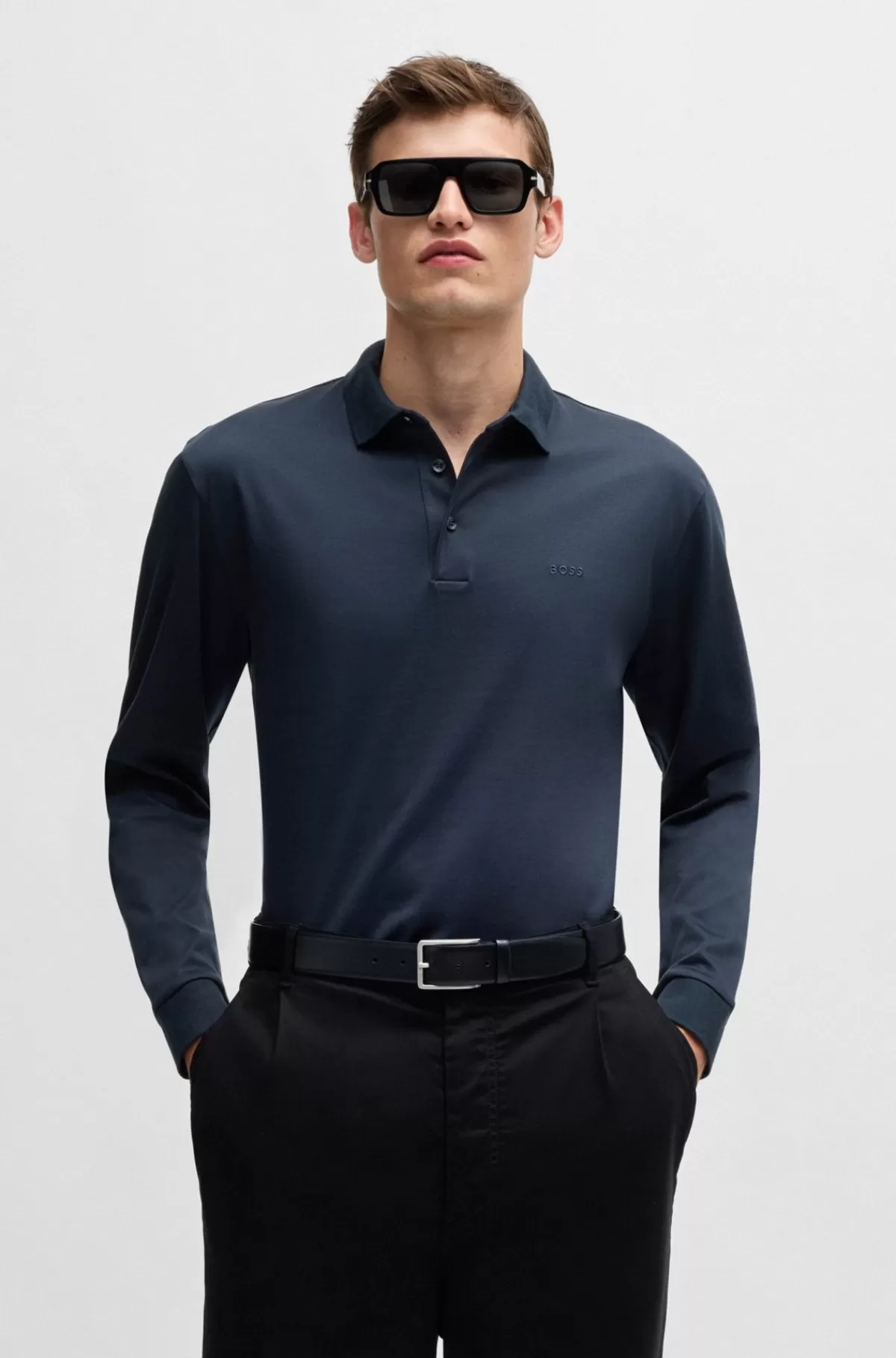 HUGO BOSS Poloshirt I Interlock-bomuld Med Broderet Logo Mørkeblå Flash Sale