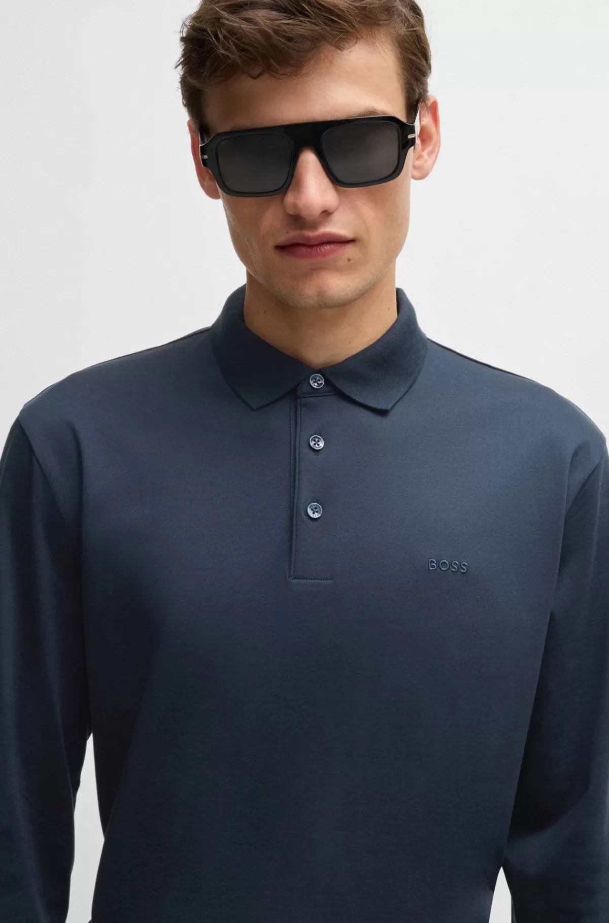 HUGO BOSS Poloshirt I Interlock-bomuld Med Broderet Logo Mørkeblå Flash Sale