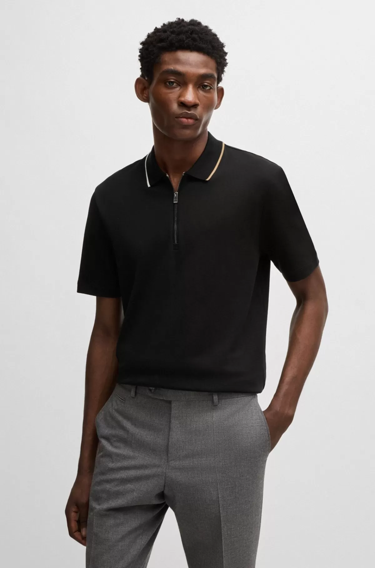 HUGO BOSS Poloshirt I Interlockbomuld Med Lynlås I Halsen Sort Cheap