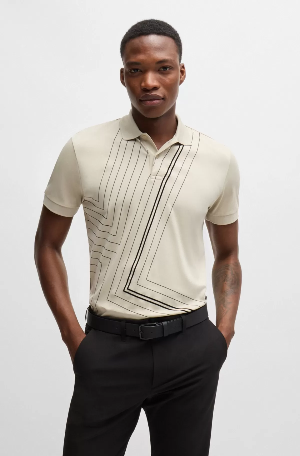 HUGO BOSS Poloshirt I Interlockbomuld Med Tynde Grafiske Linjer Lys beige Hot