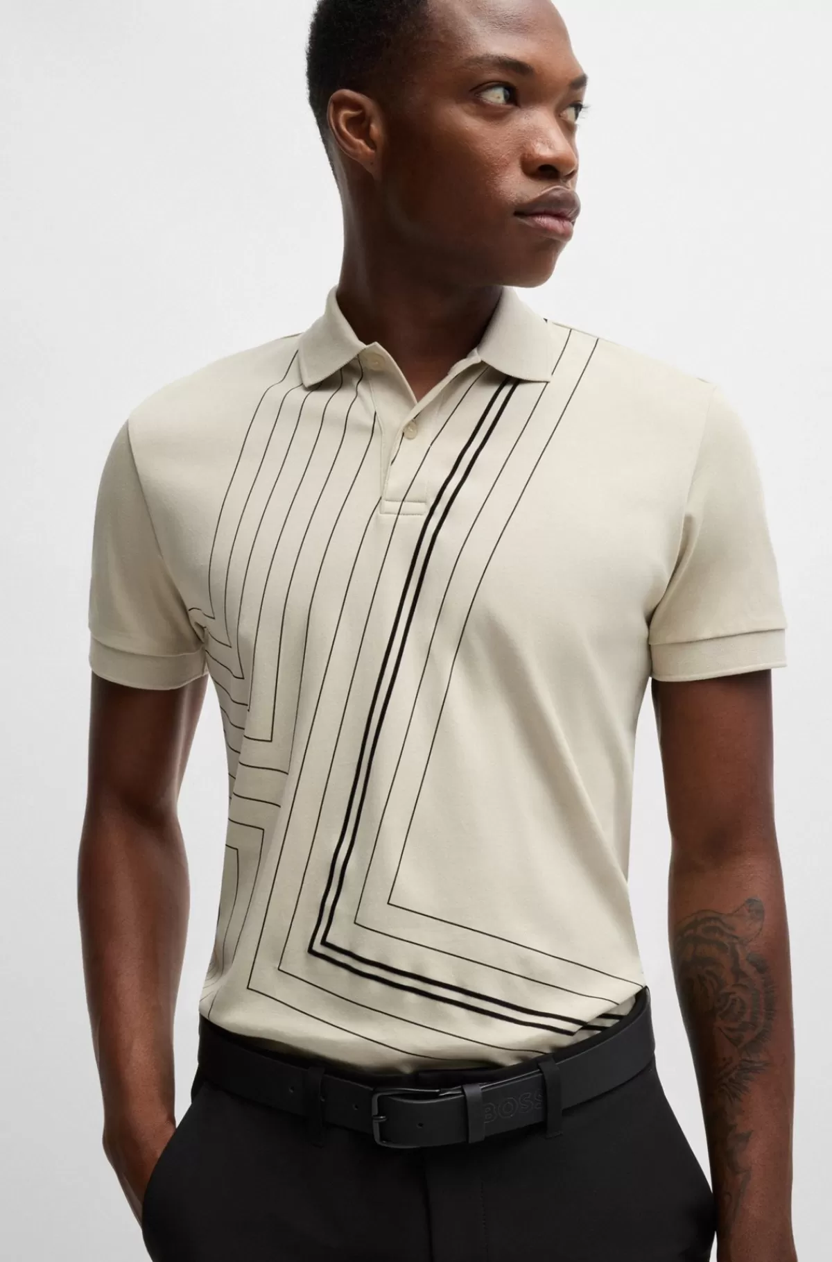 HUGO BOSS Poloshirt I Interlockbomuld Med Tynde Grafiske Linjer Lys beige Hot