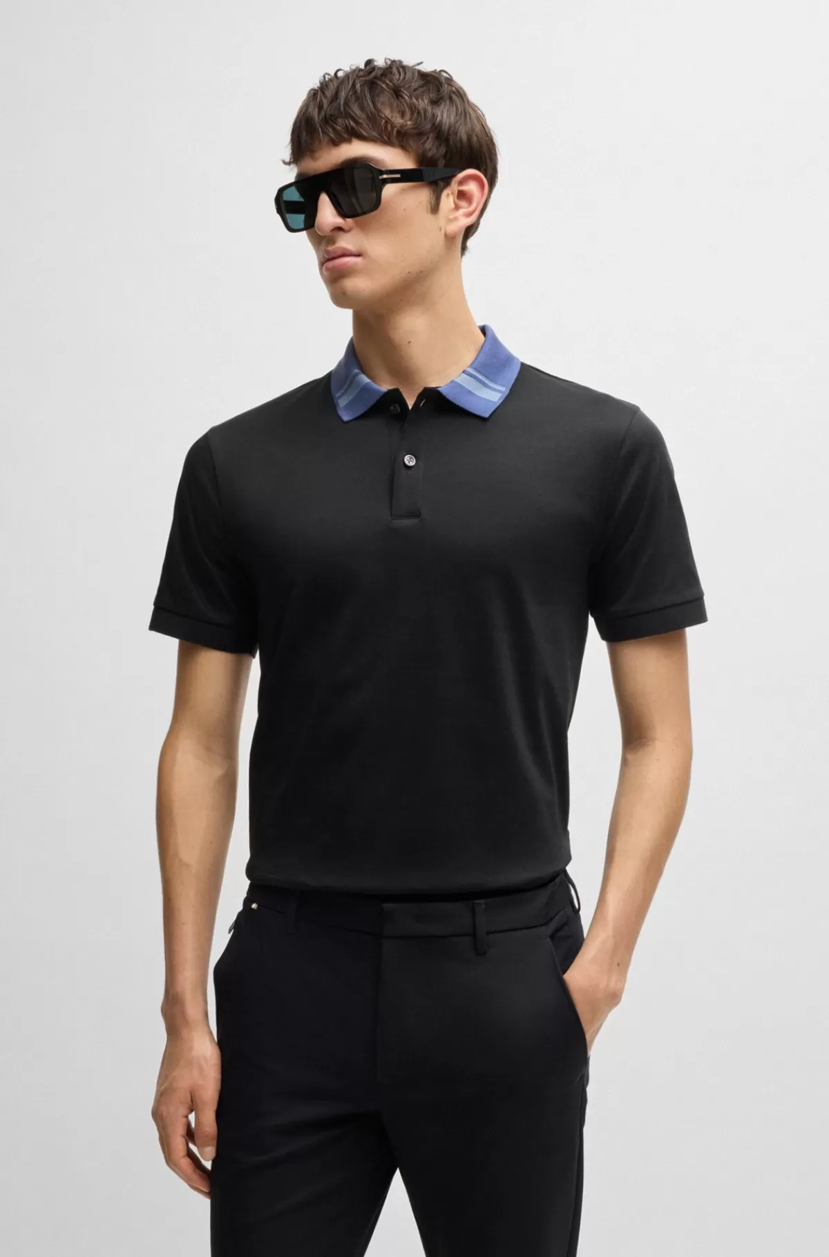 HUGO BOSS Poloshirt I Merceriseret Bomuld Med Slim Fit Og Striber På Kraven Sort Online