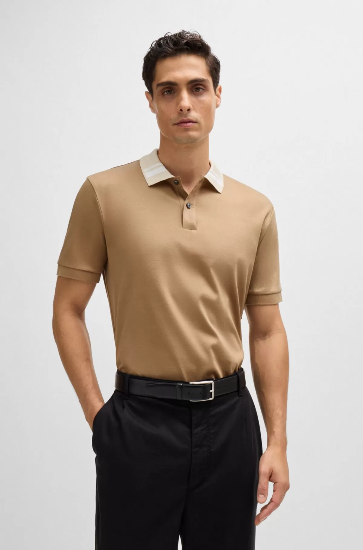 HUGO BOSS Poloshirt I Merceriseret Bomuld Med Slim Fit Og Striber På Kraven Beige Outlet