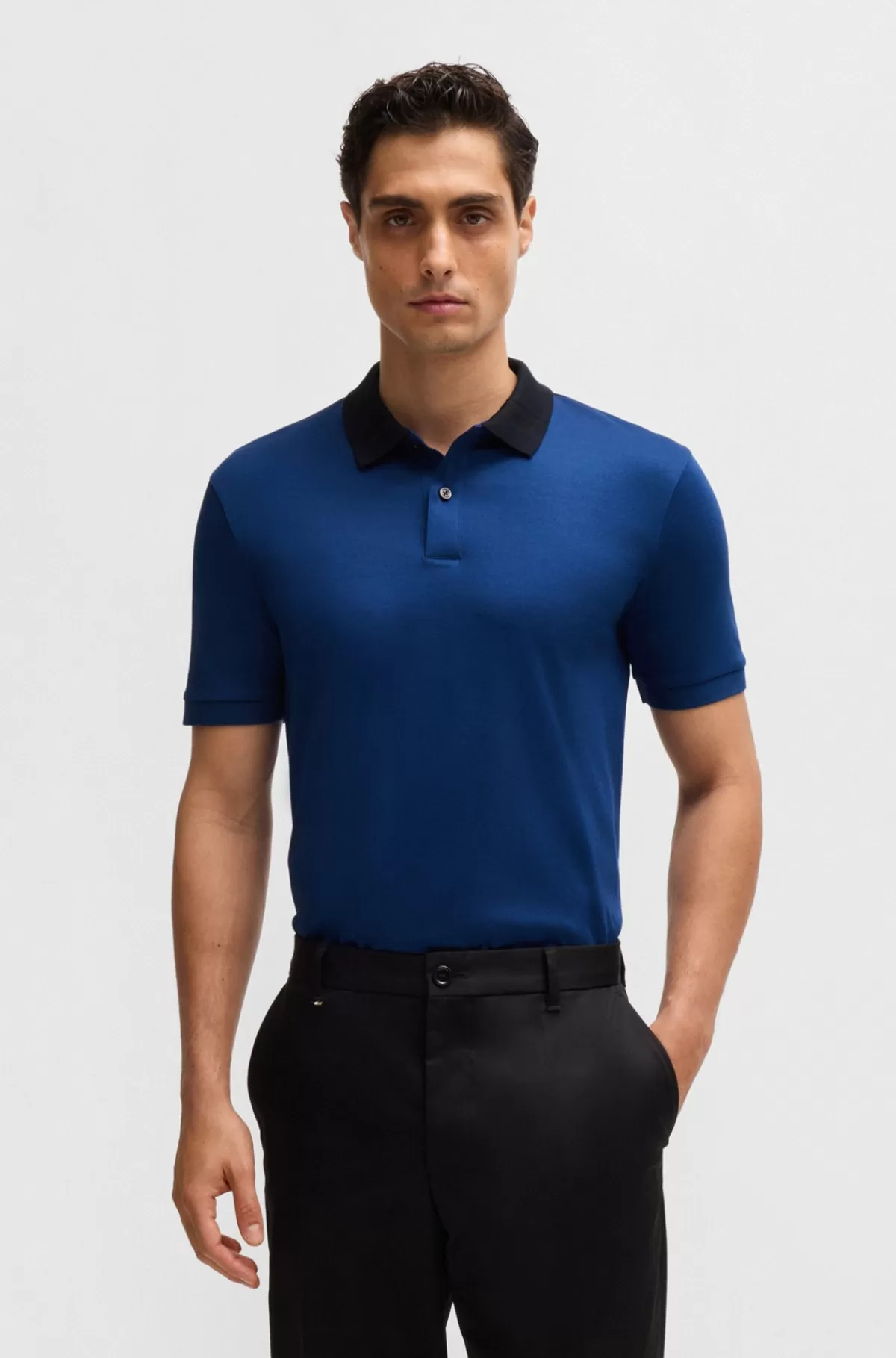 HUGO BOSS Poloshirt I Merceriseret Bomuld Med Slim Fit Og Striber På Kraven Mørkeblå Flash Sale
