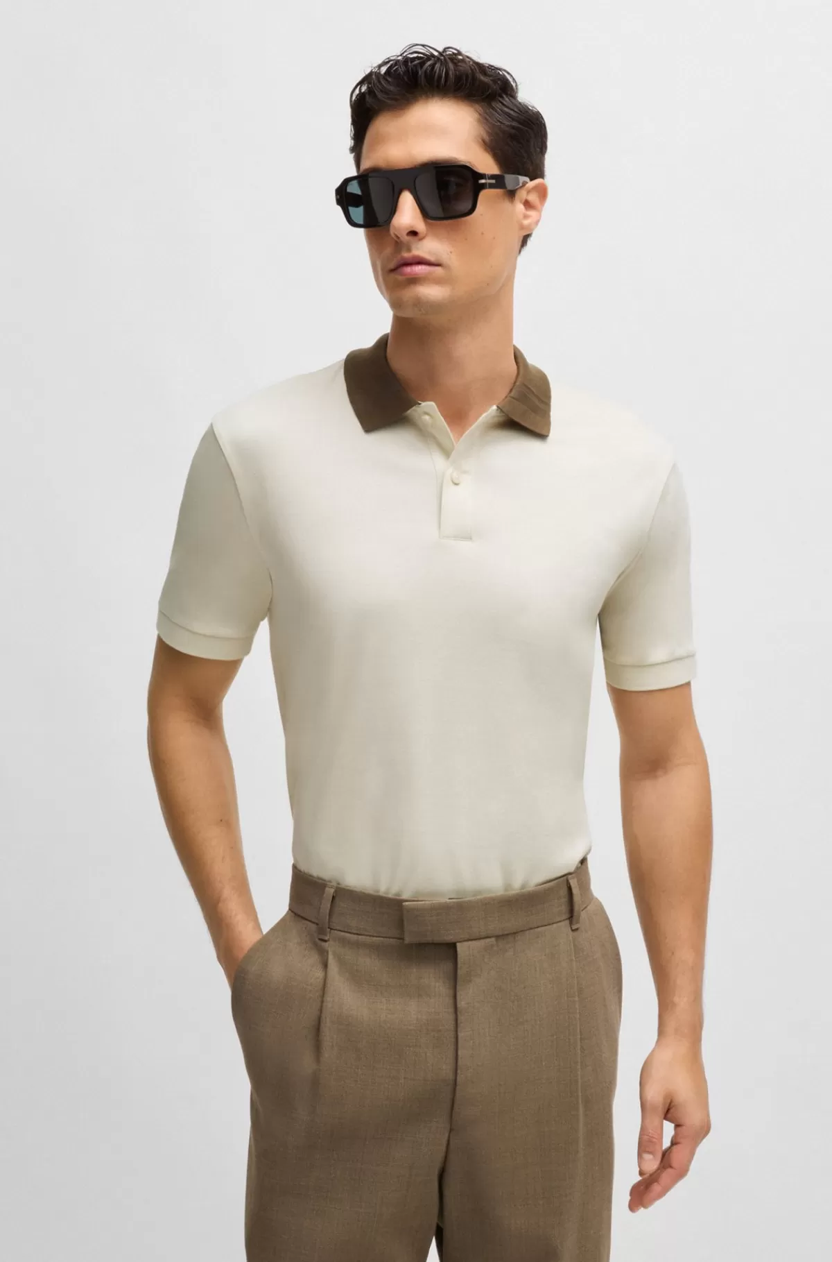 HUGO BOSS Poloshirt I Merceriseret Bomuld Med Slim Fit Og Striber På Kraven Naturlig Store