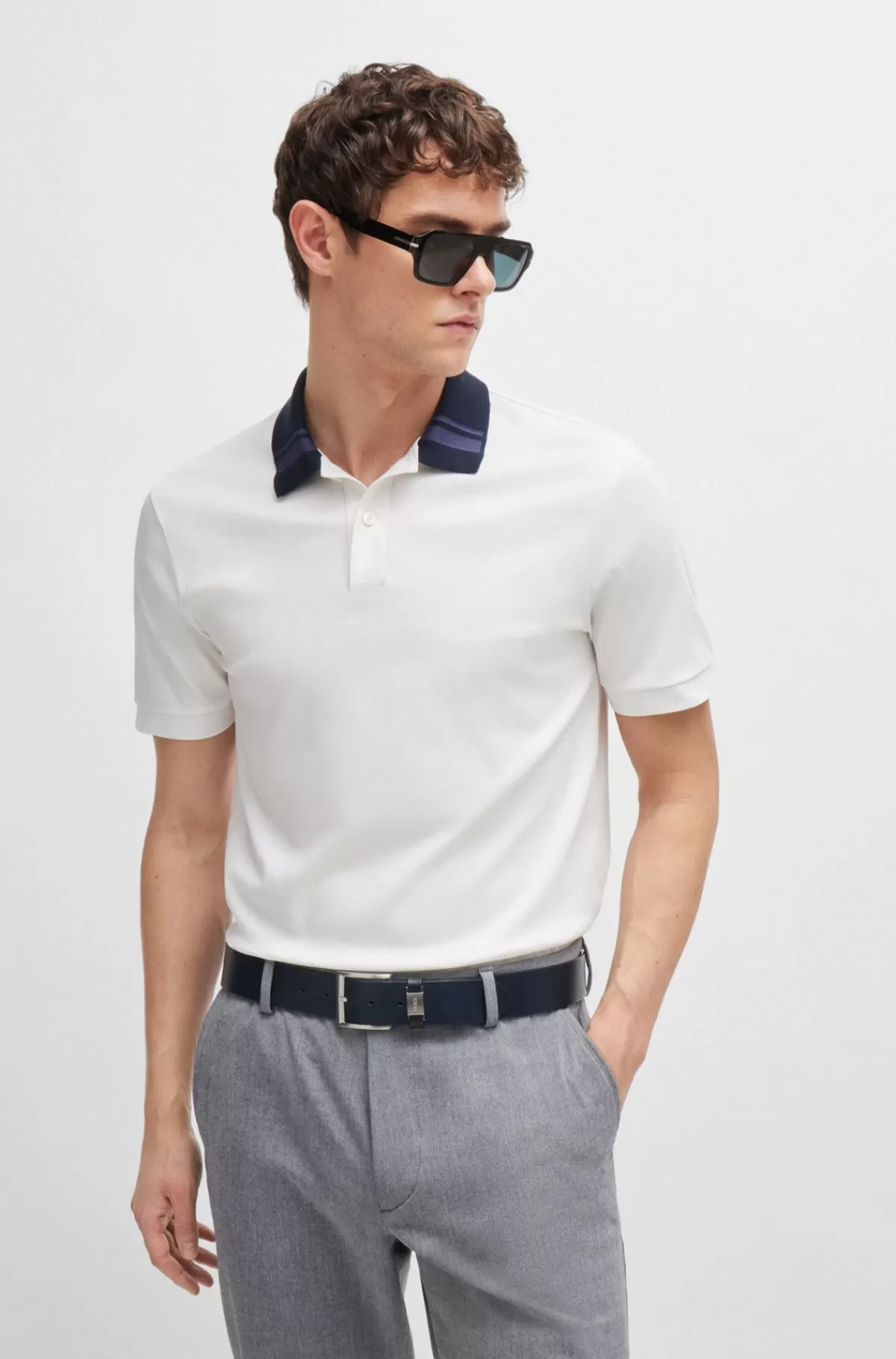 HUGO BOSS Poloshirt I Merceriseret Bomuld Med Slim Fit Og Striber På Kraven Hvid Outlet