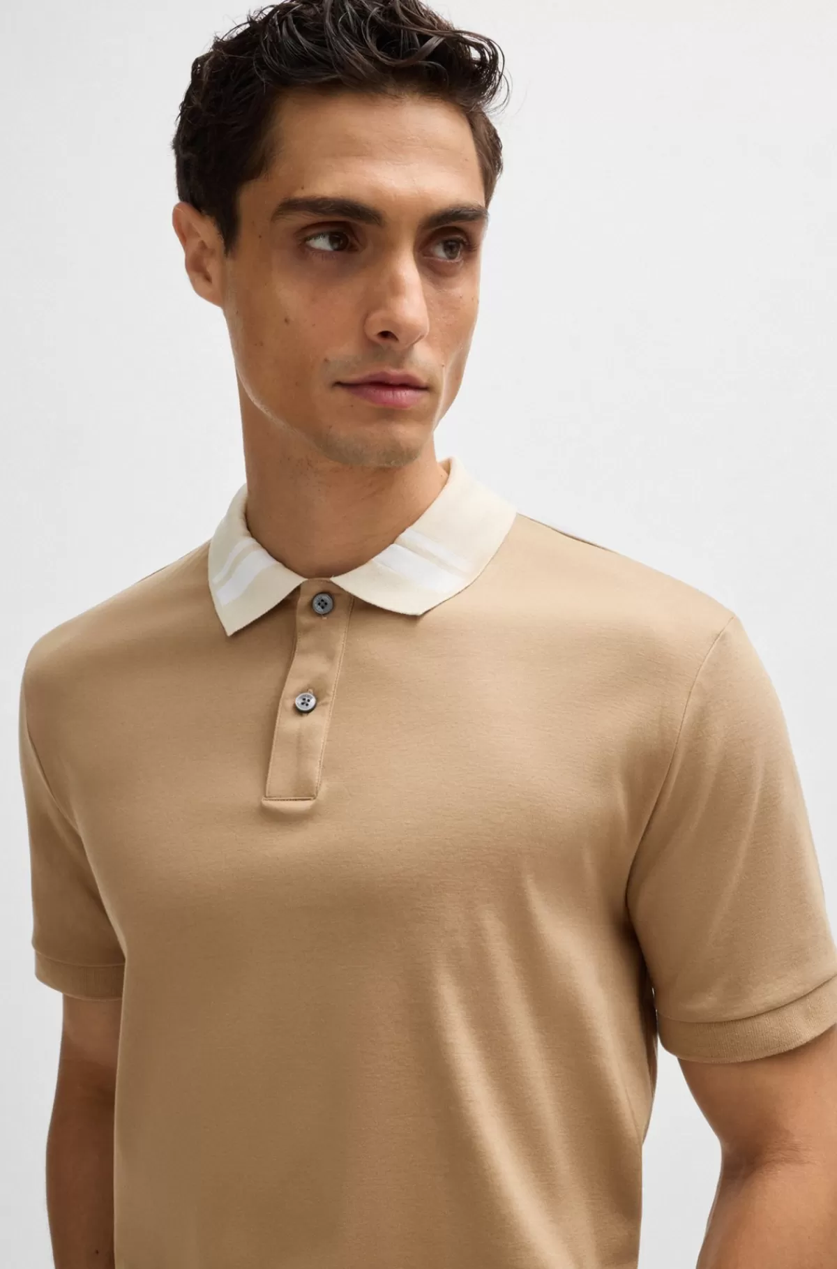 HUGO BOSS Poloshirt I Merceriseret Bomuld Med Slim Fit Og Striber På Kraven Beige Outlet