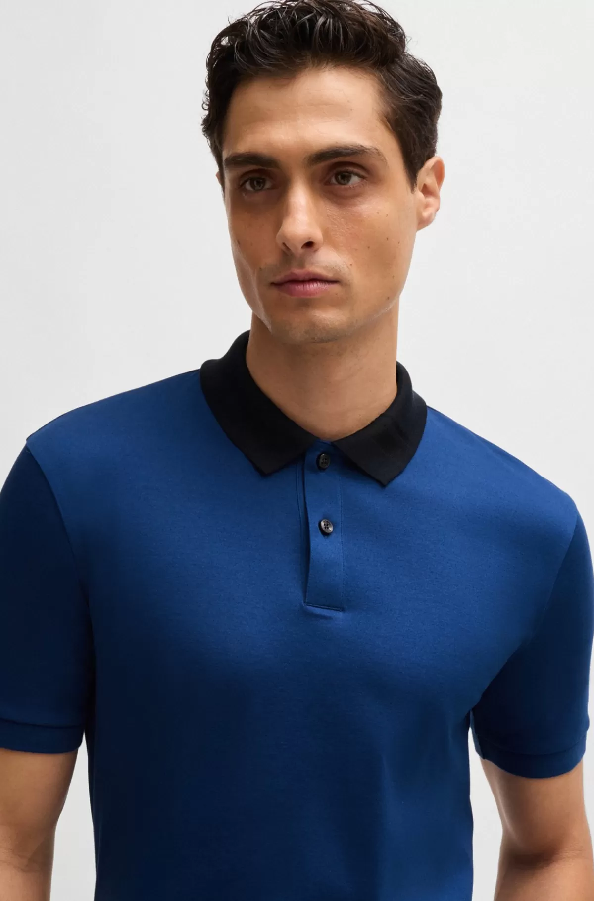 HUGO BOSS Poloshirt I Merceriseret Bomuld Med Slim Fit Og Striber På Kraven Mørkeblå Flash Sale