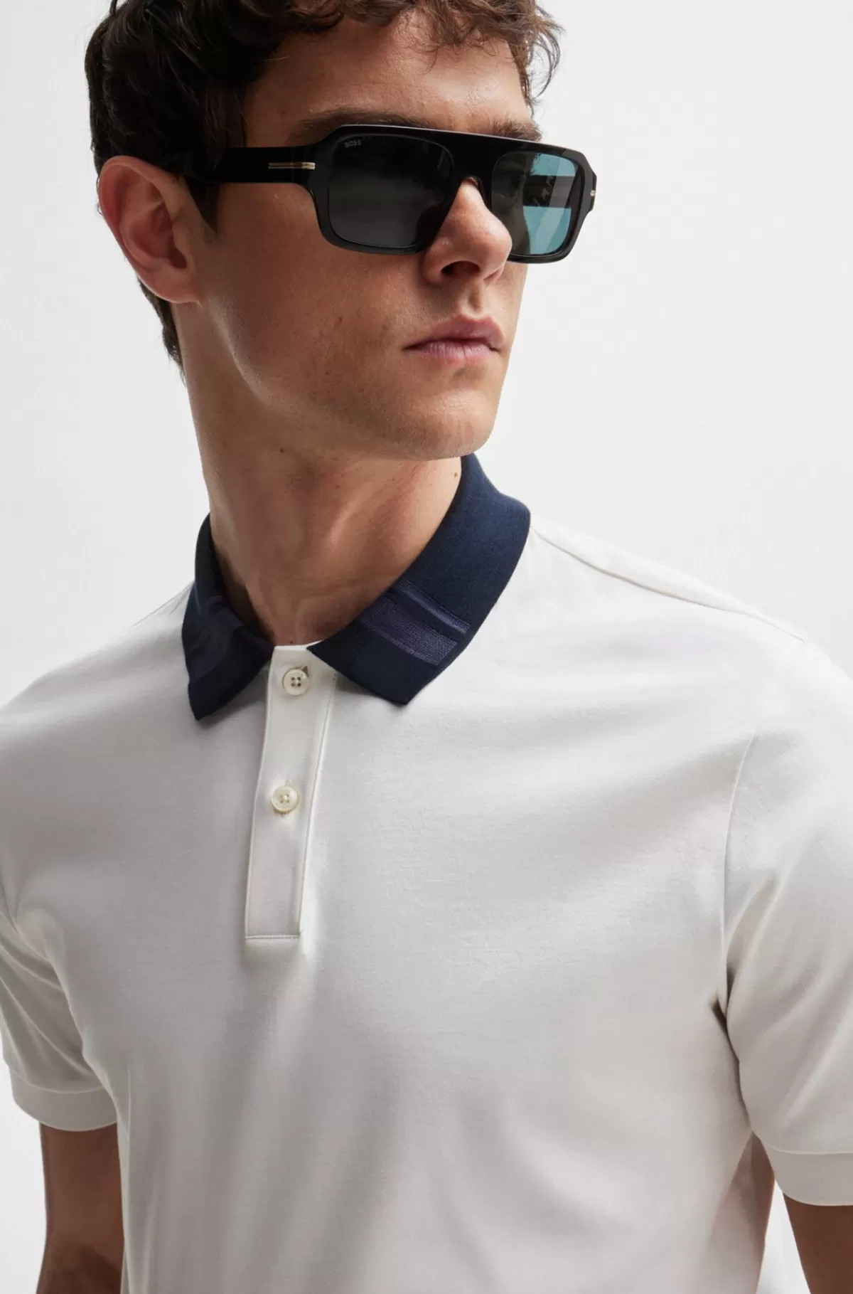 HUGO BOSS Poloshirt I Merceriseret Bomuld Med Slim Fit Og Striber På Kraven Hvid Outlet