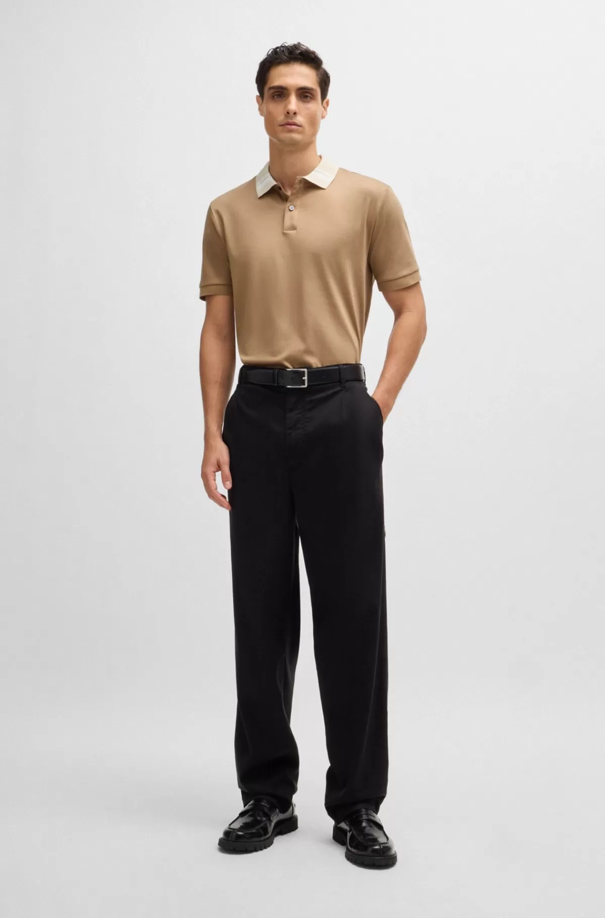 HUGO BOSS Poloshirt I Merceriseret Bomuld Med Slim Fit Og Striber På Kraven Beige Outlet
