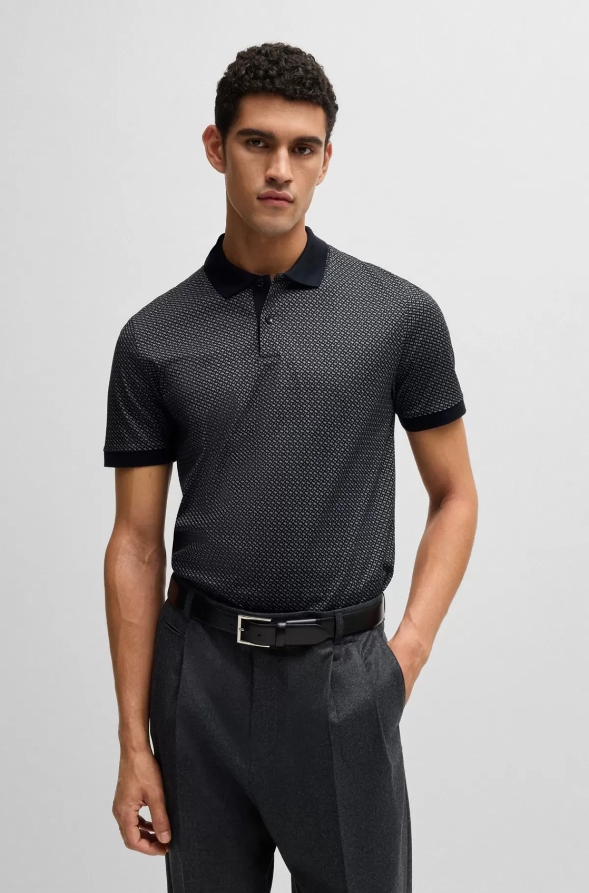 HUGO BOSS Poloshirt I Merceriseret Bomuld Med Tofarvet Monogramprint Sort Best Sale