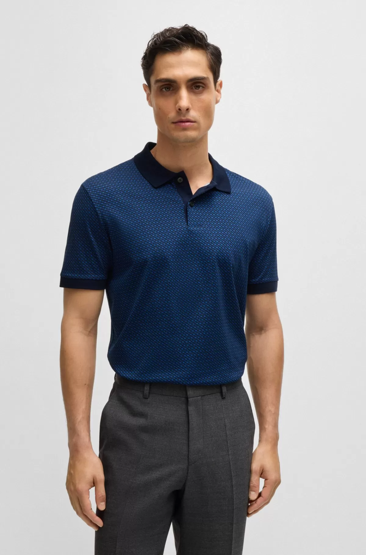 HUGO BOSS Poloshirt I Merceriseret Bomuld Med Tofarvet Monogramprint Mørkeblå New