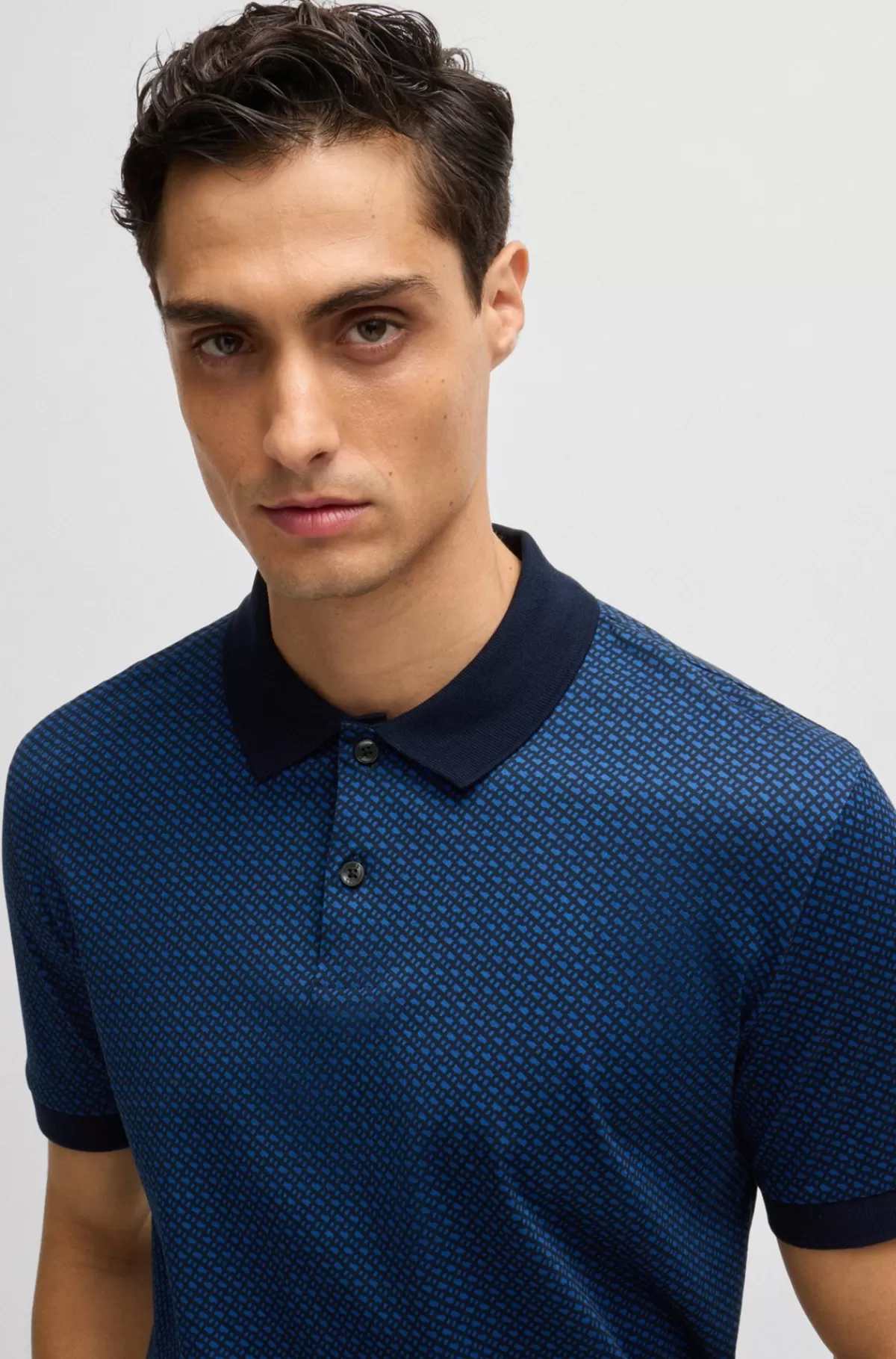 HUGO BOSS Poloshirt I Merceriseret Bomuld Med Tofarvet Monogramprint Mørkeblå New