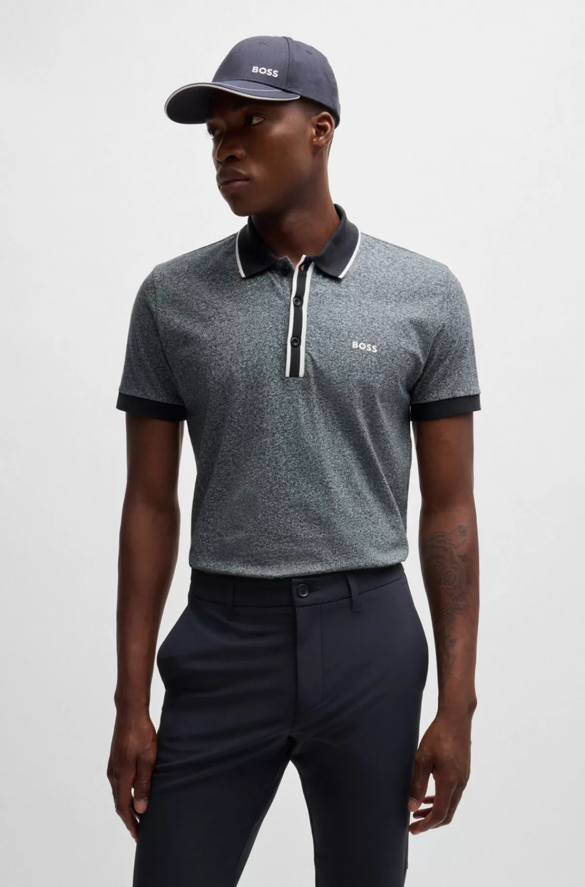 HUGO BOSS Poloshirt I Moulinébomuld Med Stribede Detaljer Mørkeblå Clearance