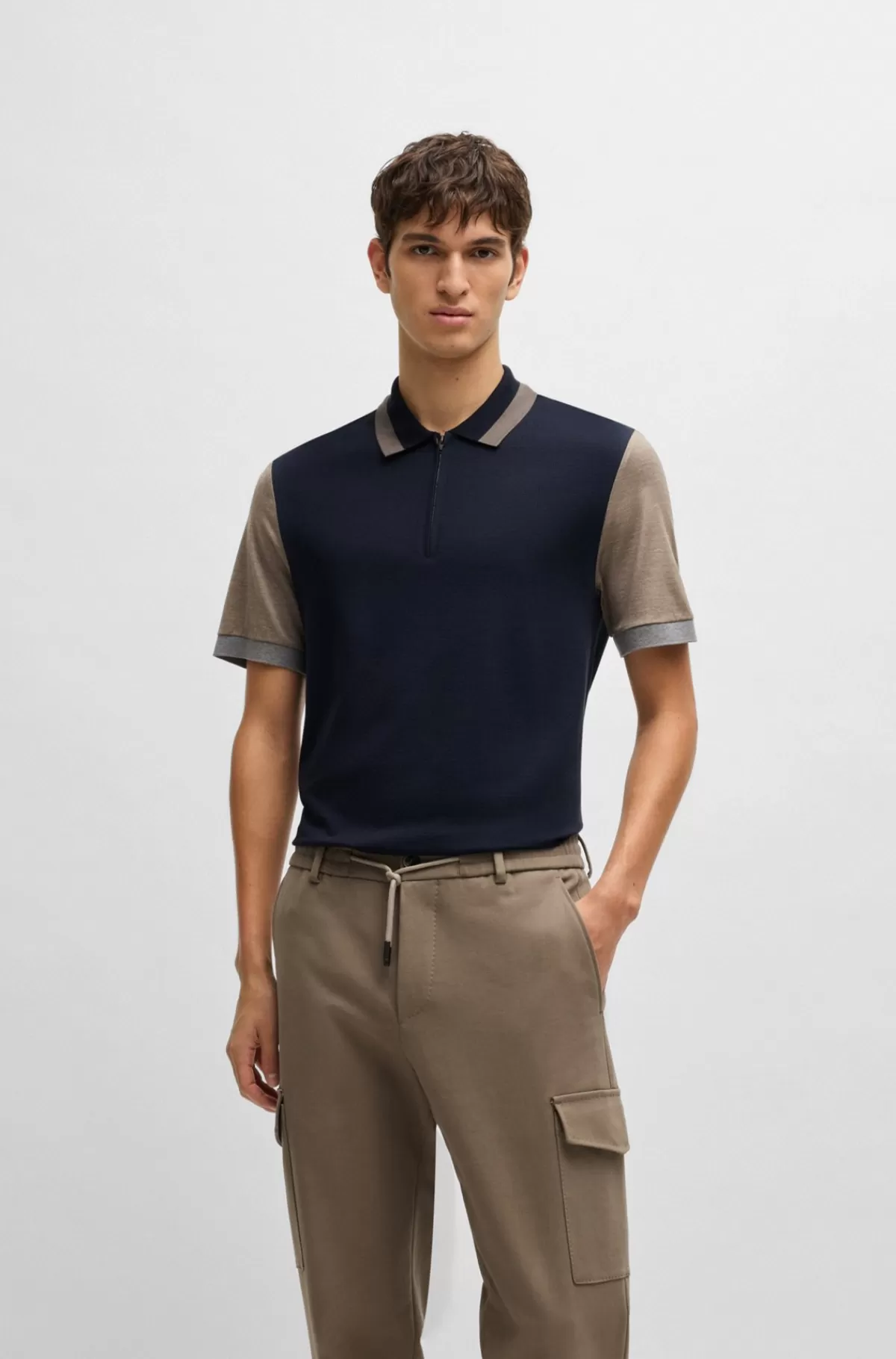 HUGO BOSS Poloshirt I Silke Og Bomuld Med Kontrastdetaljer Mørkeblå Best