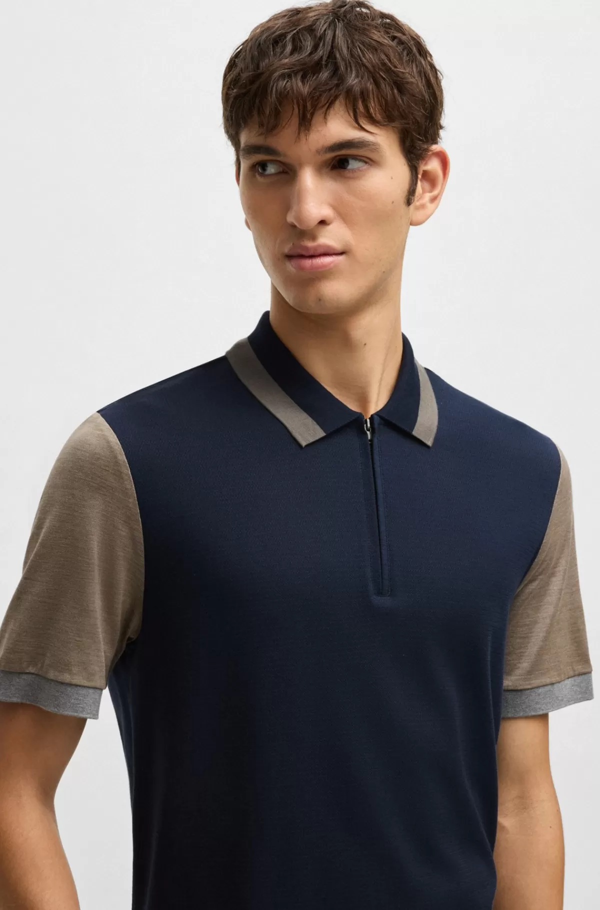 HUGO BOSS Poloshirt I Silke Og Bomuld Med Kontrastdetaljer Mørkeblå Best